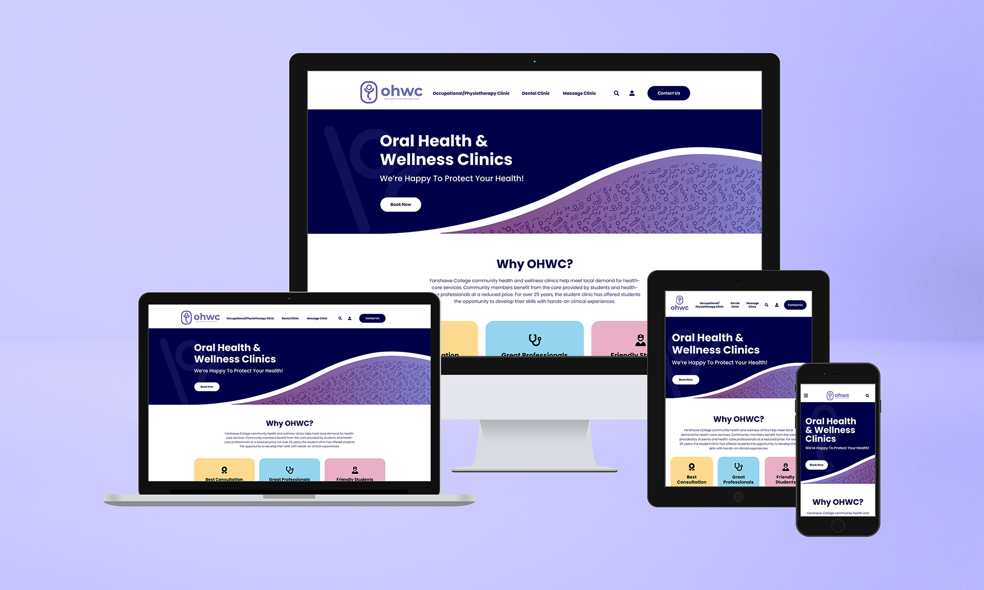 Mockup of Desktop, Laptop, Tablet, and Phone layouts of the OHWC website