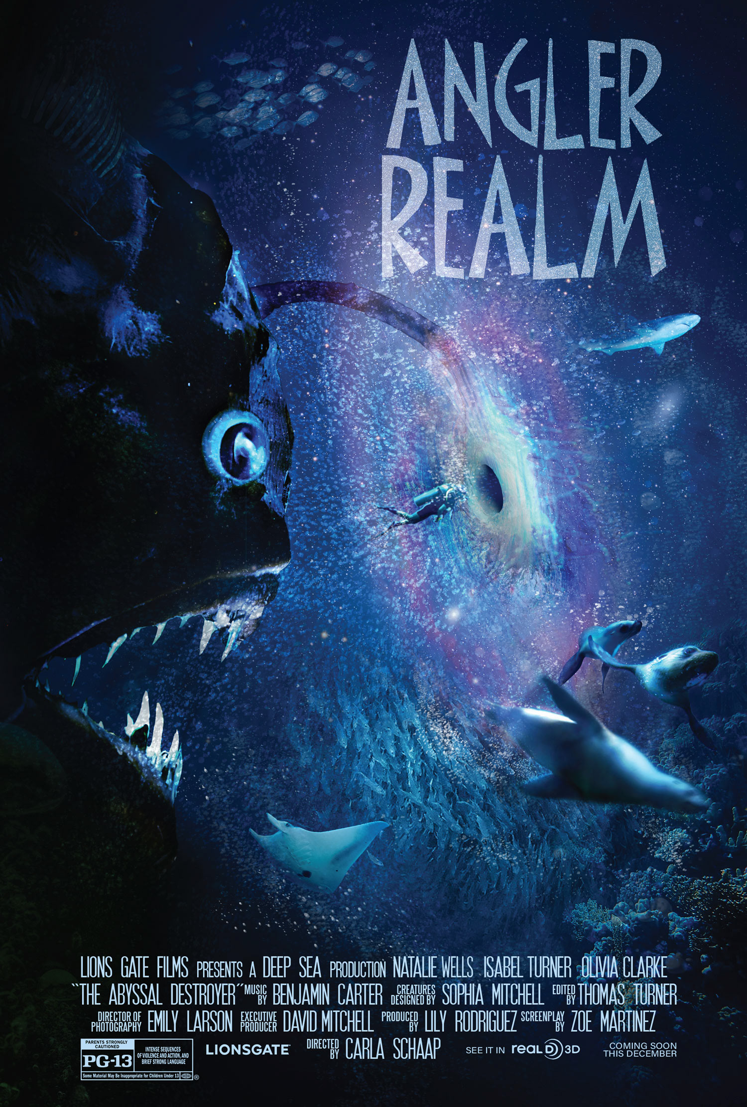 Angler Realm Poster showing a striking visual of a large angler fish with sea creatures swimming away.