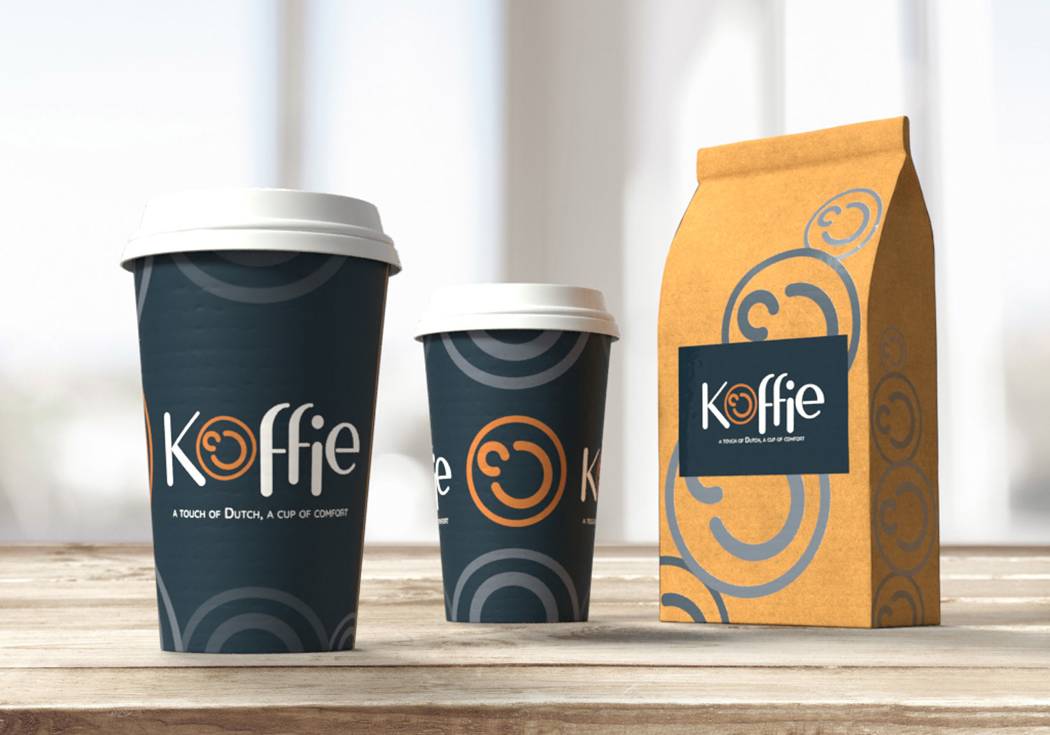 Koffie cup and packaging displayed on a 3D mockup