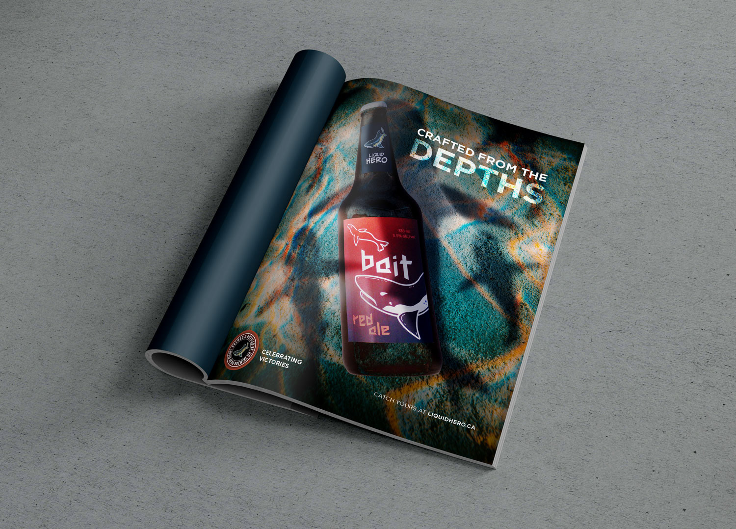 Liquid Hero advertisement on a one-page magazine mockup