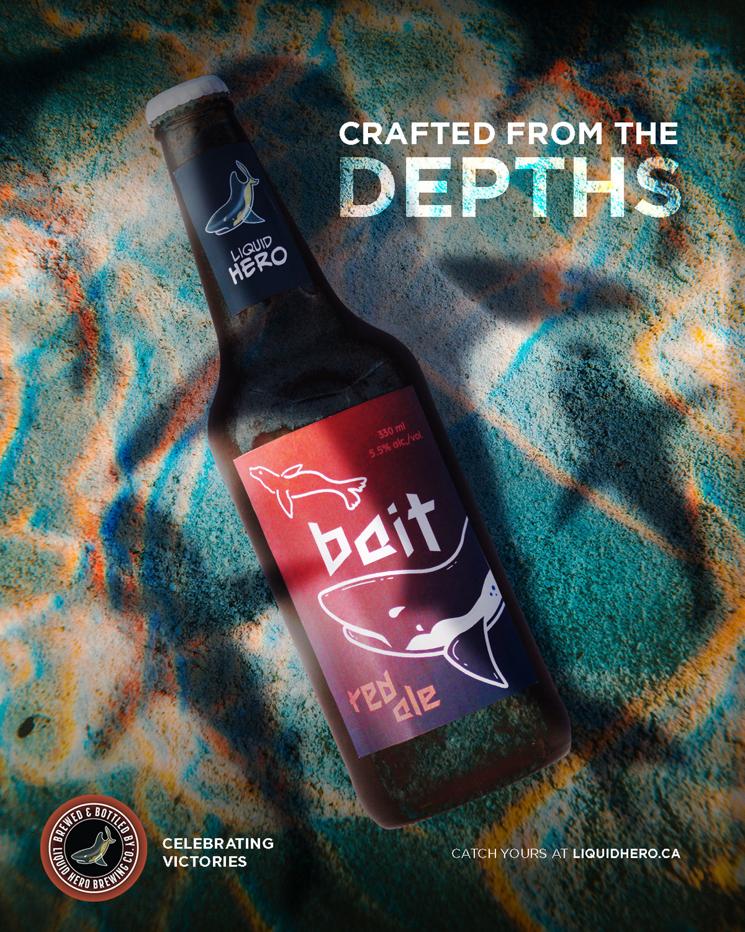 Liquid Hero one-page advertisement 'Crafted from the Depths' showcasing the Bait Red Ale bottle on the bottom of the ocean covered with shark shadows and sand