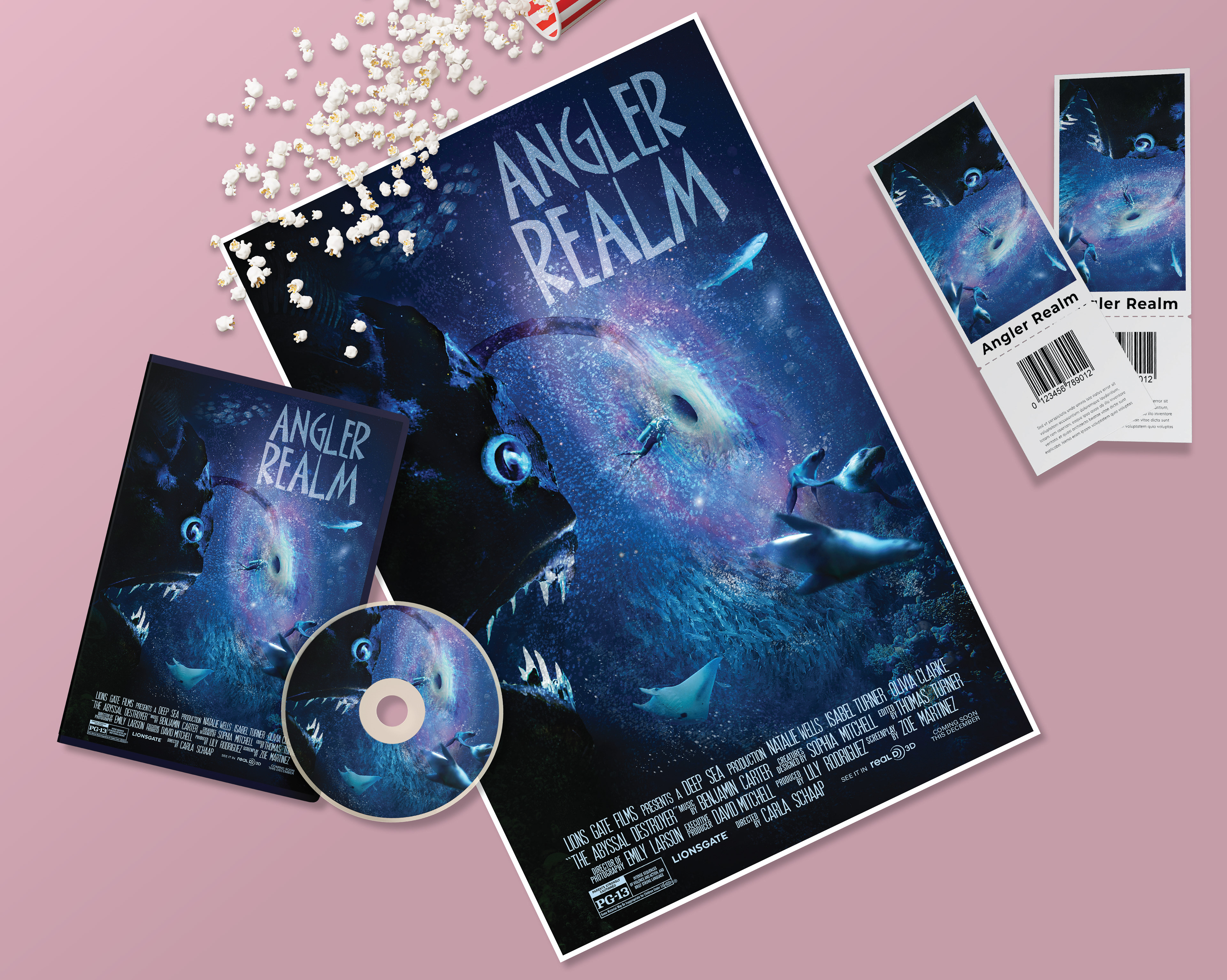 Layout displaying the movie poster, DVD pack, and movie tickets with popcorn spilled.