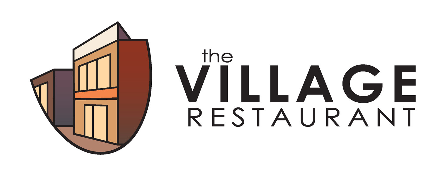The Village Restaurant Vertical Logo consisting colorful, black outlined village building in a shape of a rounded 'V'