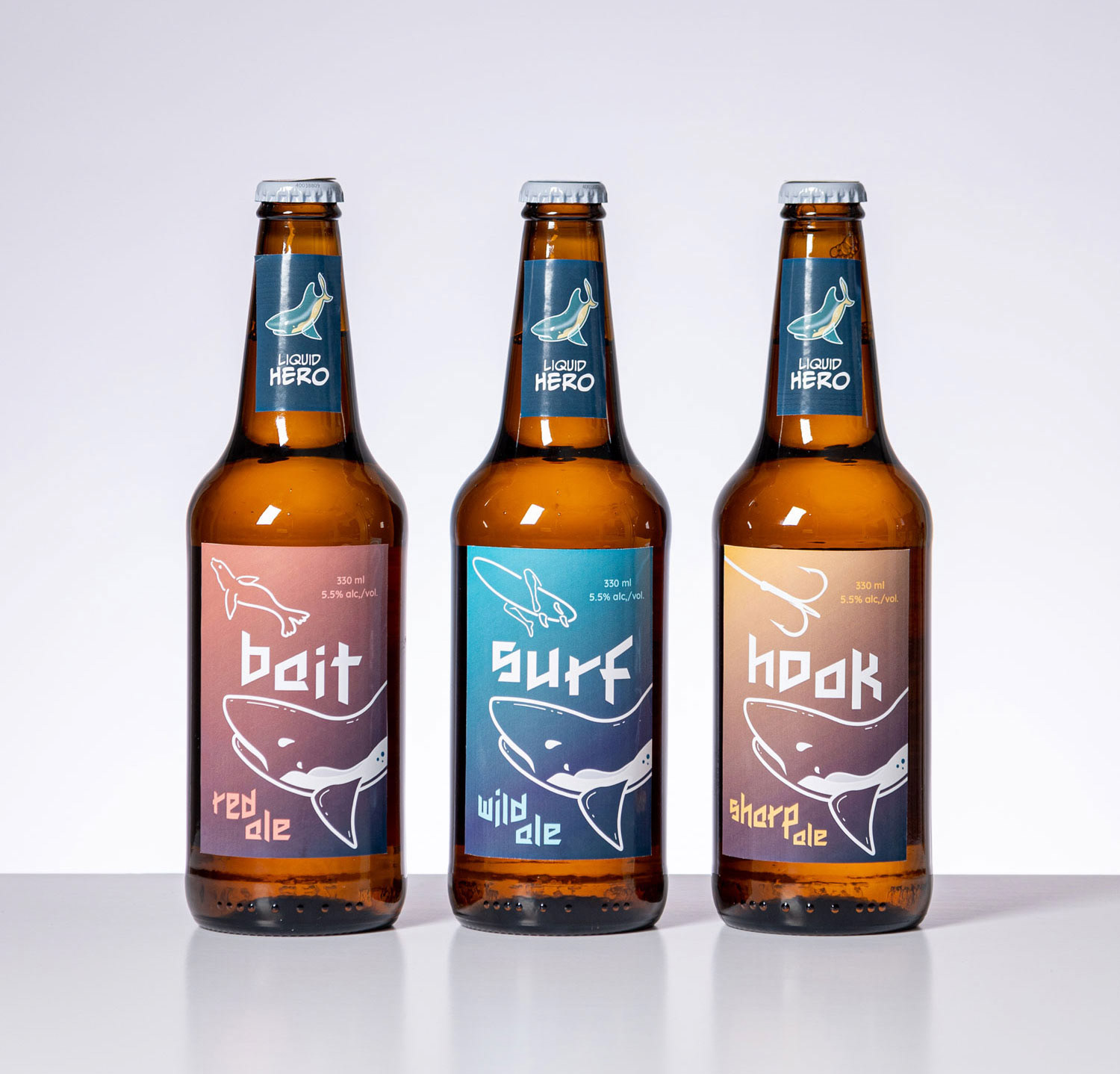 Professional photo of Liquid Hero craft beer bottles in a row