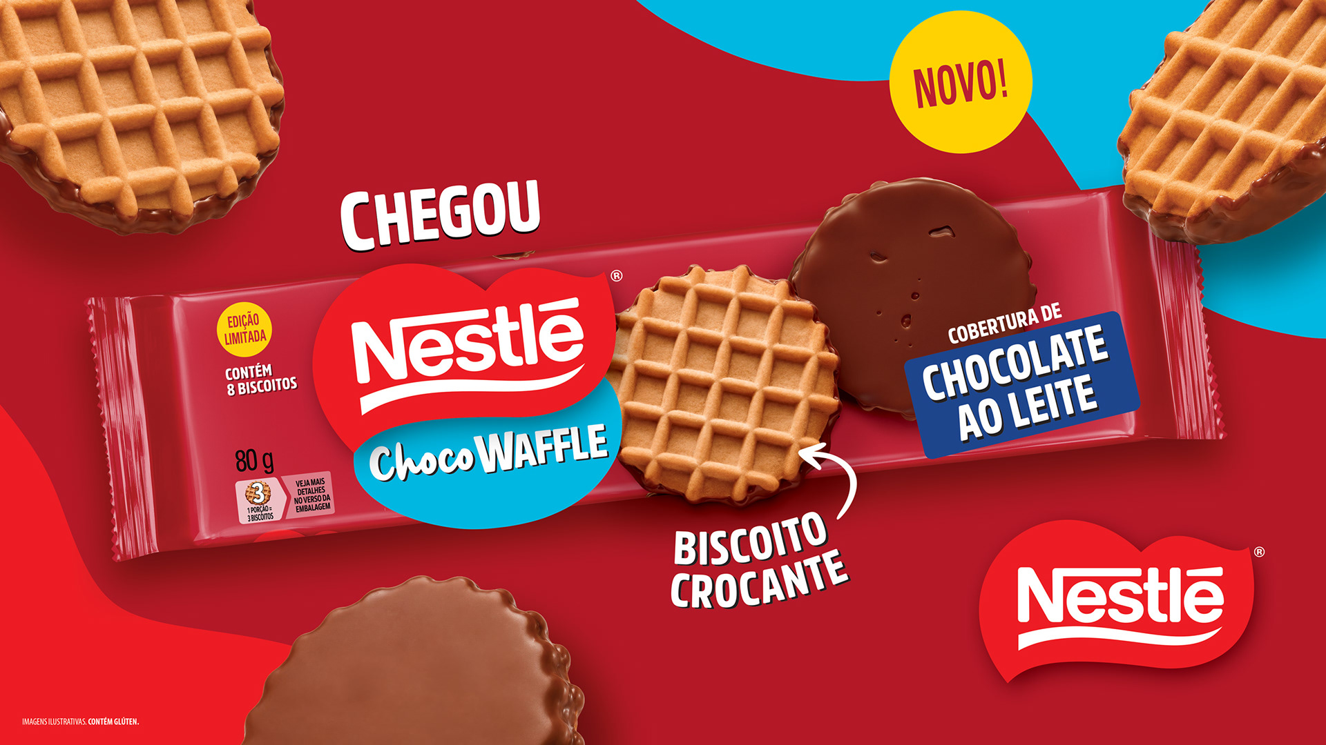Key Visual desenvolvido para o lançamento do Nestlé ChocoWaffle, combinando assets da embalagem com imagens dos apetites geradas em IA para destacar o produto, seus atributos e a identidade visual da campanha.