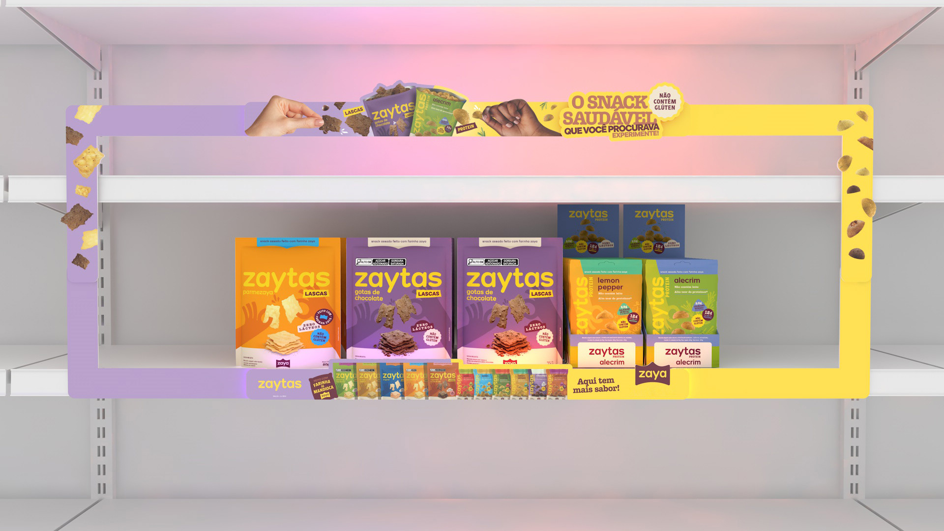 Render 3D da janela de gôndola regulável da Zaya em uma versão ampliada, mostrando como a peça pode se adaptar ao espaço disponível no ponto de venda.