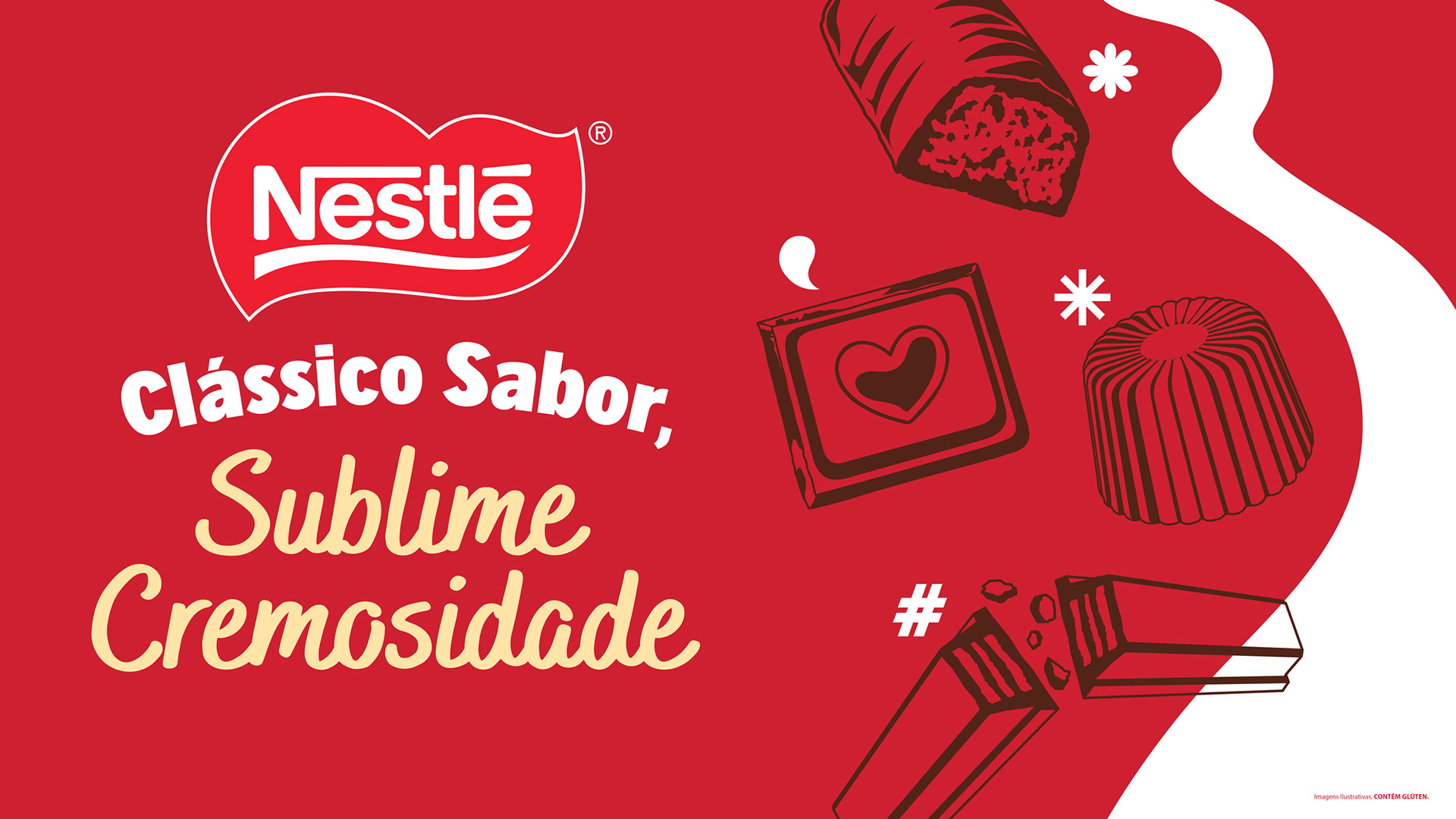 Key Visual de Nestlé Chocolates em fundo vermelho, com logo Nestlé e ilustrações dos chocolates Ao Leite, KitKat, Alpino e Prestígio acompanhados de símbolos gráficos.