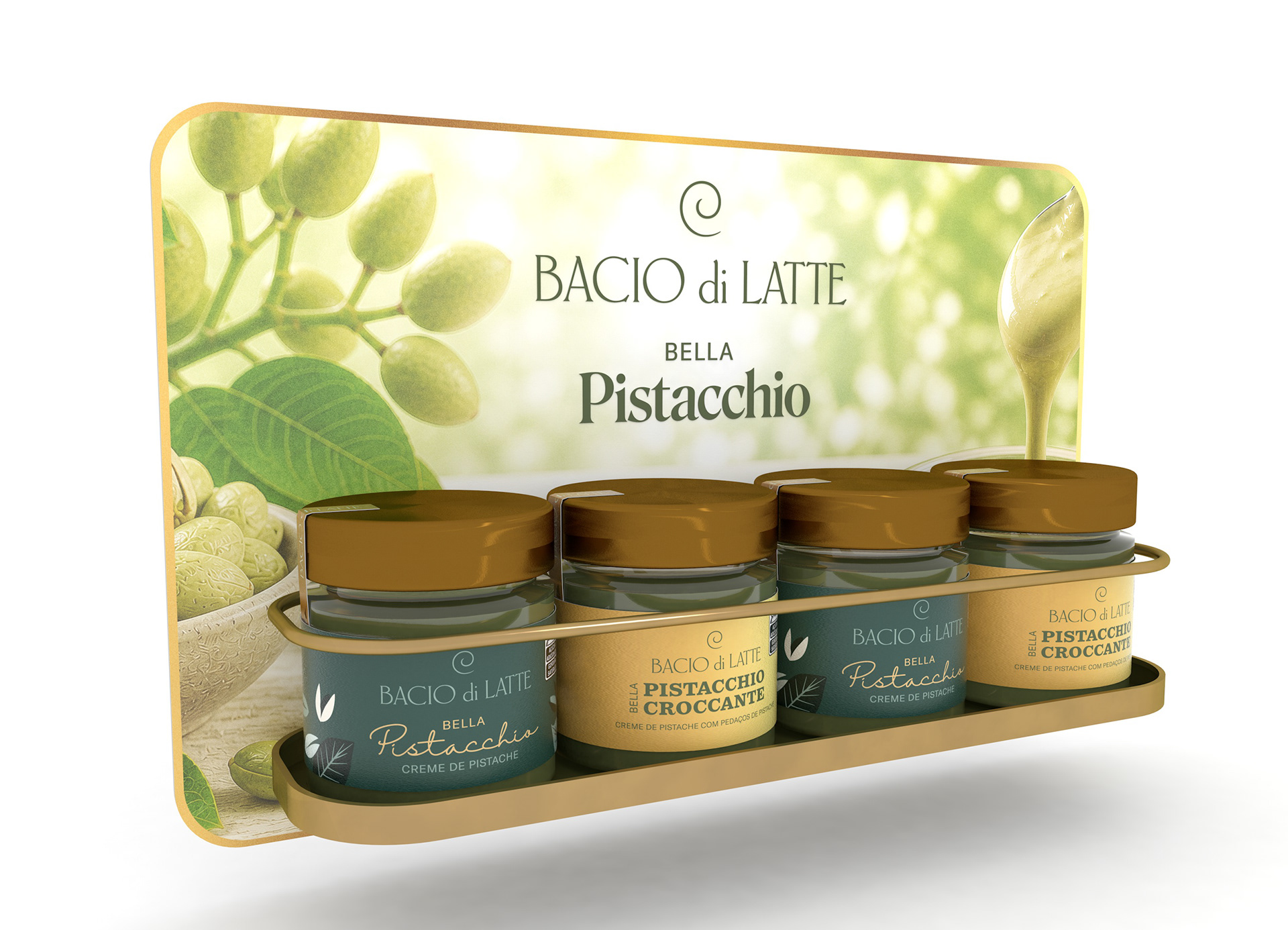Render 3D do display carona Bacio di Latte isolado, com quatro potes de creme de pistache posicionados sobre a base e painel visual com imagem de pistache ao fundo.