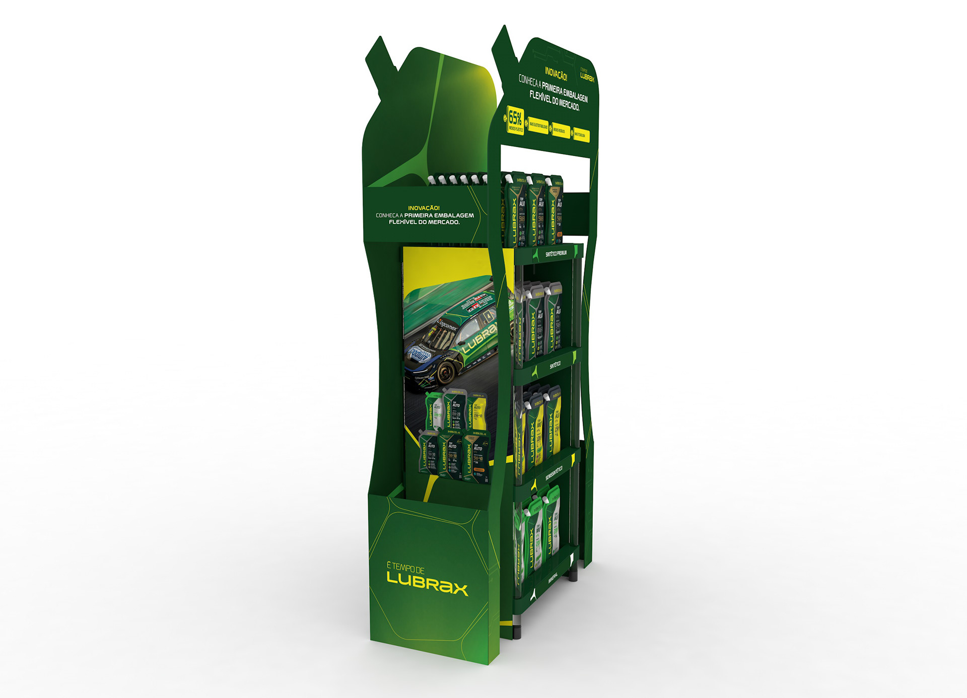 Render 3D do display de chão Lubrax em formato de pouch, com produtos expostos nas prateleiras e comunicação visual focada na nova embalagem flexível da marca.