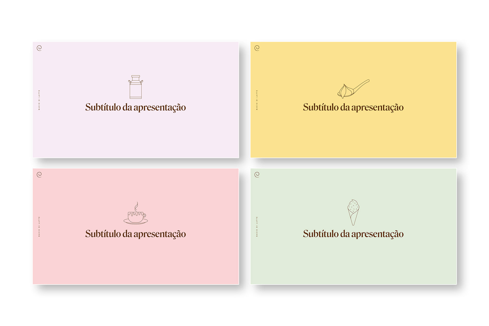 Conjunto de slides do template institucional da Bacio di Latte apresentando layouts para agenda, gráficos, conteúdo textual e galerias de imagens. O design utiliza tipografia elegante, paleta de cores suaves e composição alinhada ao posicionamento premium da marca.