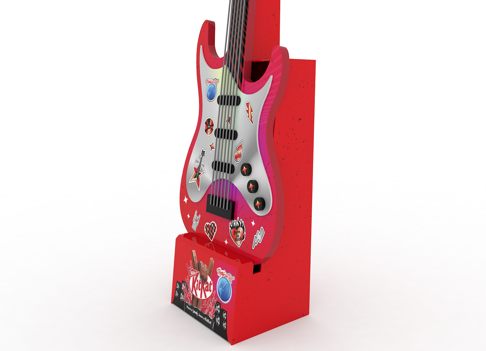 Render 3D aproximado da gigantografia, mostrando o corpo da guitarra, adesivos inspirados no universo do rock, cordas e base promocional com comunicação de KitKat e Rock in Rio.