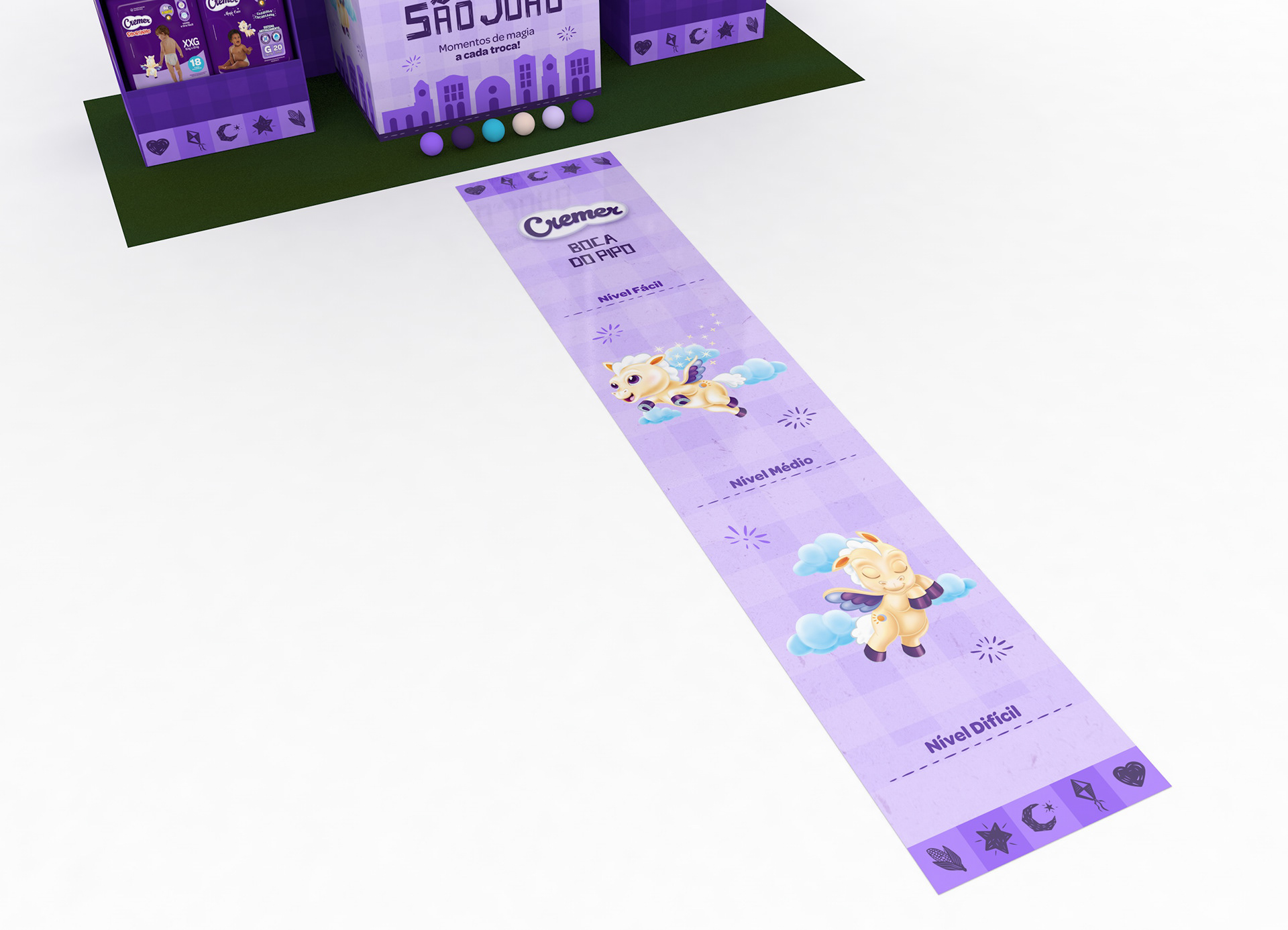 Render frontal da ativação Boca do Pipo para Cremer, destacando a estrutura cenográfica completa, displays laterais de fraldas, área de interação com o shopper e adesivo de chão com níveis de dificuldade para a dinâmica promocional.