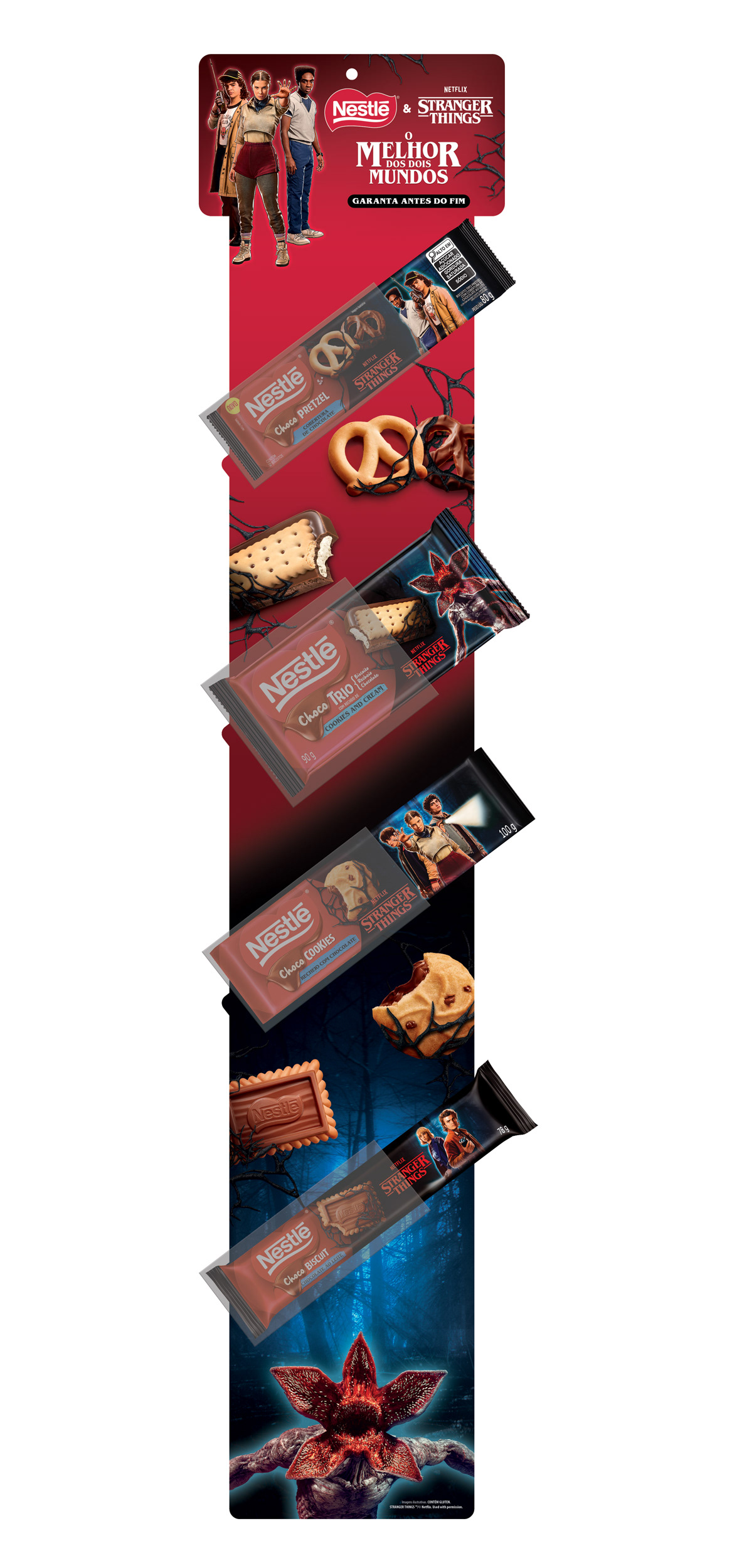ClipStrip Nestlé Stranger Things biscoitos, vermelho e azul.