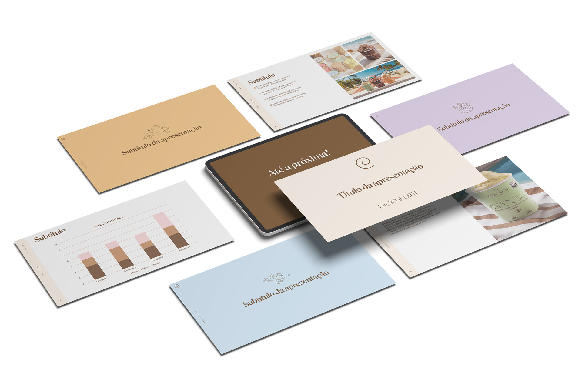 Mockup de template institucional em PowerPoint desenvolvido para a Bacio di Latte, com diferentes modelos de slides para apresentações corporativas, incluindo capas, gráficos, galerias de imagens, divisórias e layouts para conteúdo, seguindo a identidade visual da marca.