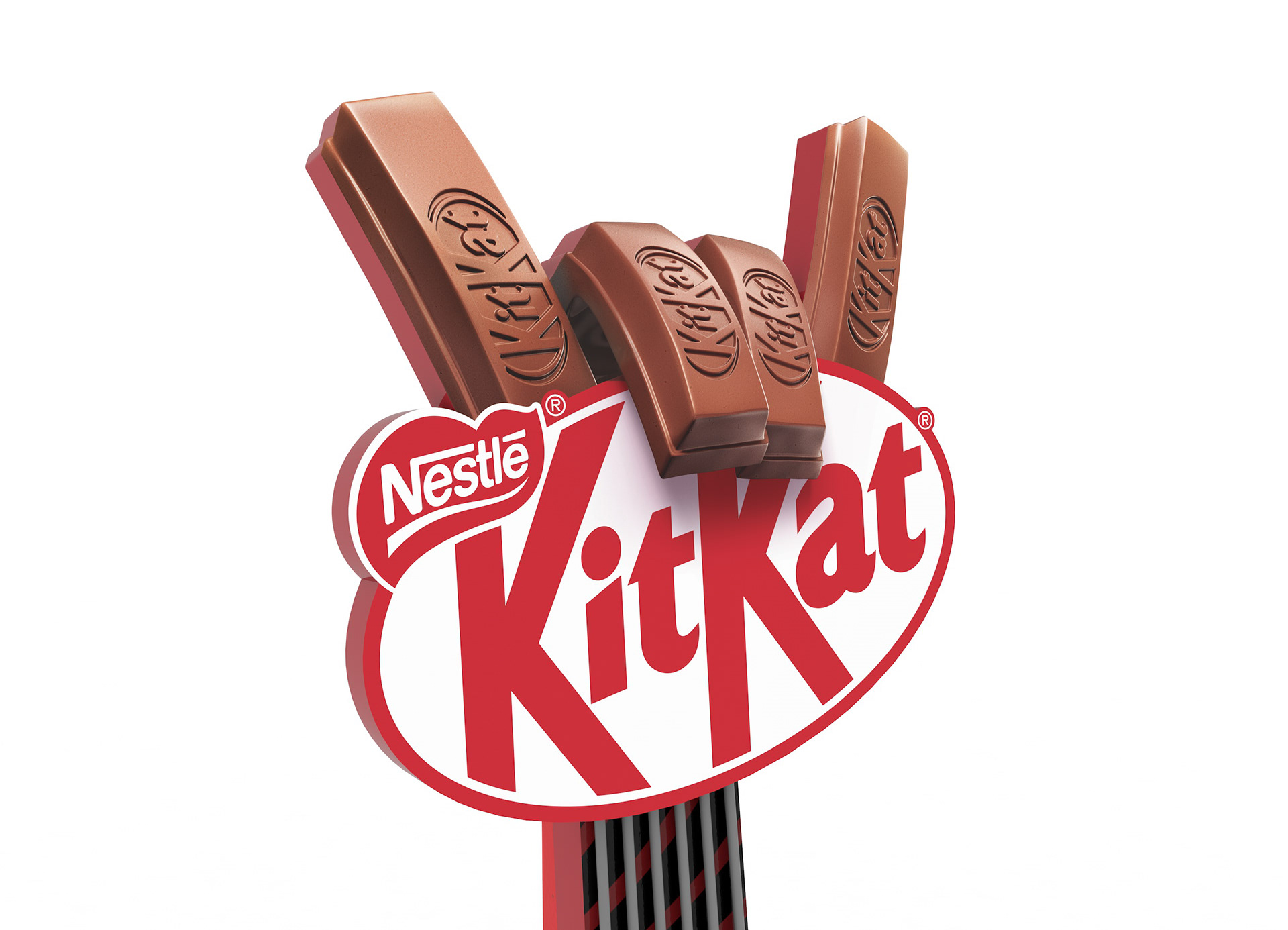 Render 3D da gigantografia KitKat + Rock in Rio, destacando o topo da peça com o logo KitKat e barras de chocolate em formato cenográfico.