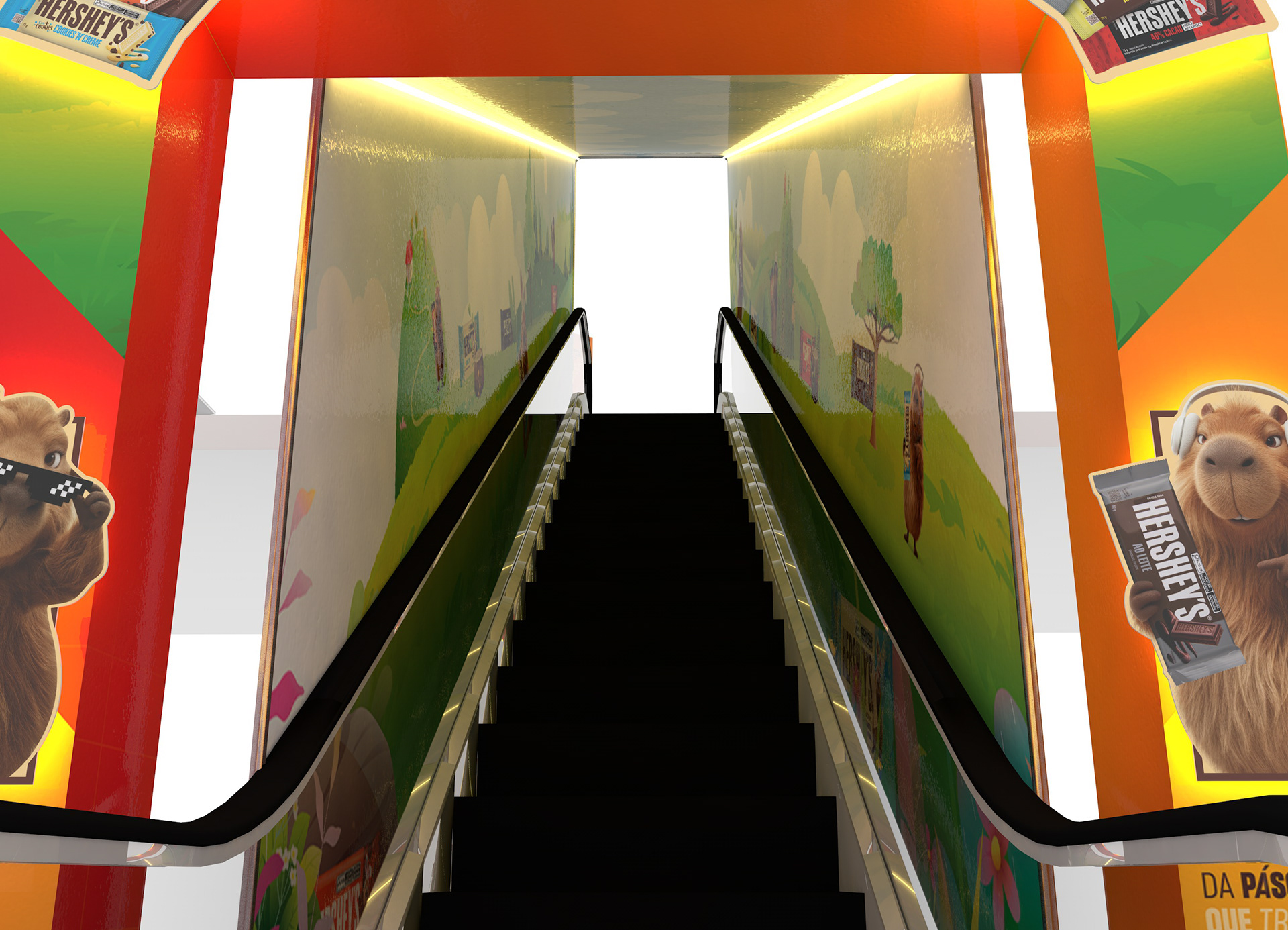 Render 3D do interior do túnel da ambientação, mostrando a escada rolante cercada por ilustrações de natureza, barras Hershey’s escondidas e iluminação nas laterais.
