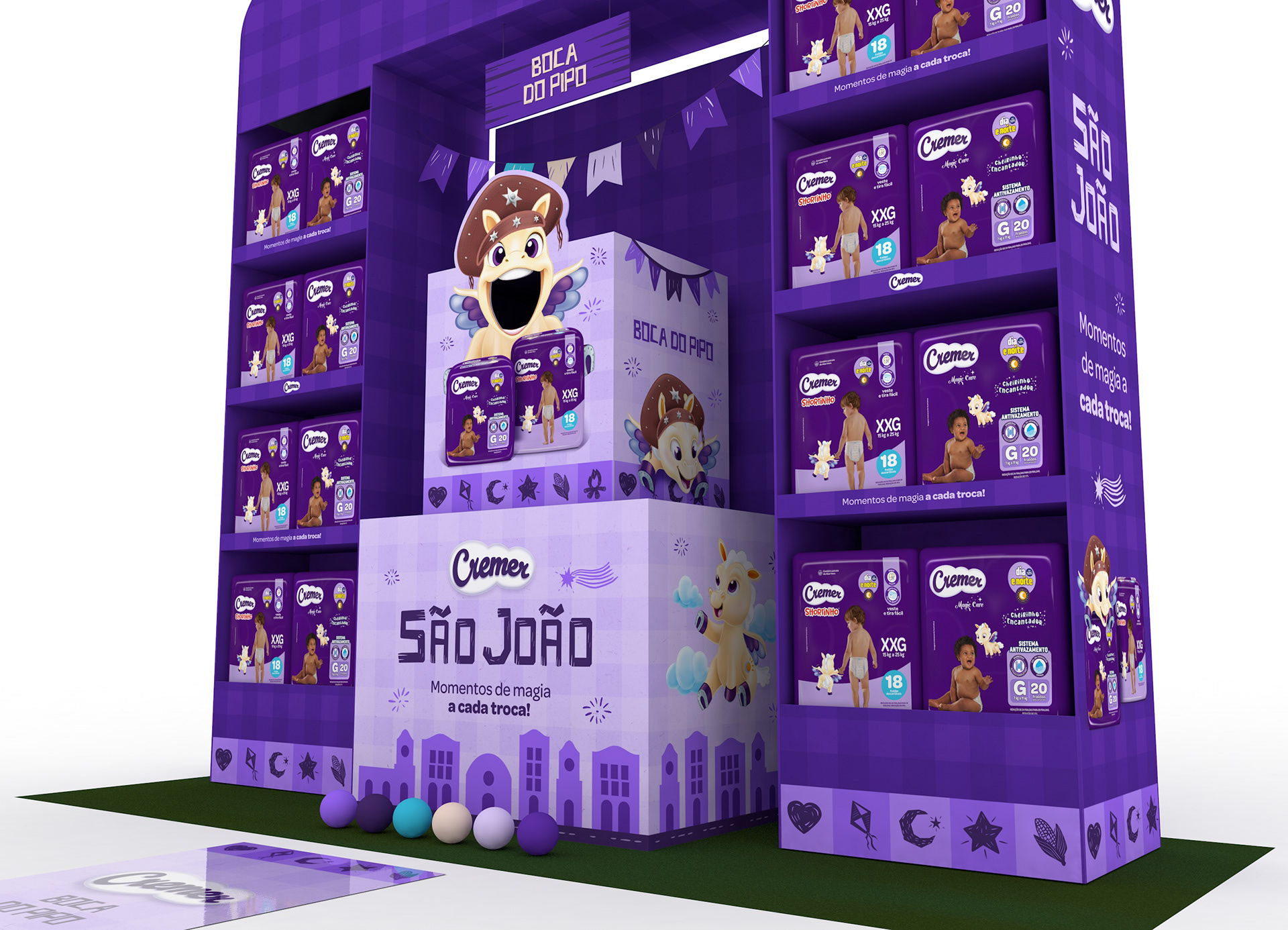 Vista aproximada da ativação de São João da Cremer com mecânica inspirada na boca do palhaço. O mascote da marca ocupa a área central do jogo, cercado por displays de produto, elementos juninos e comunicação promocional desenvolvida em 3D.