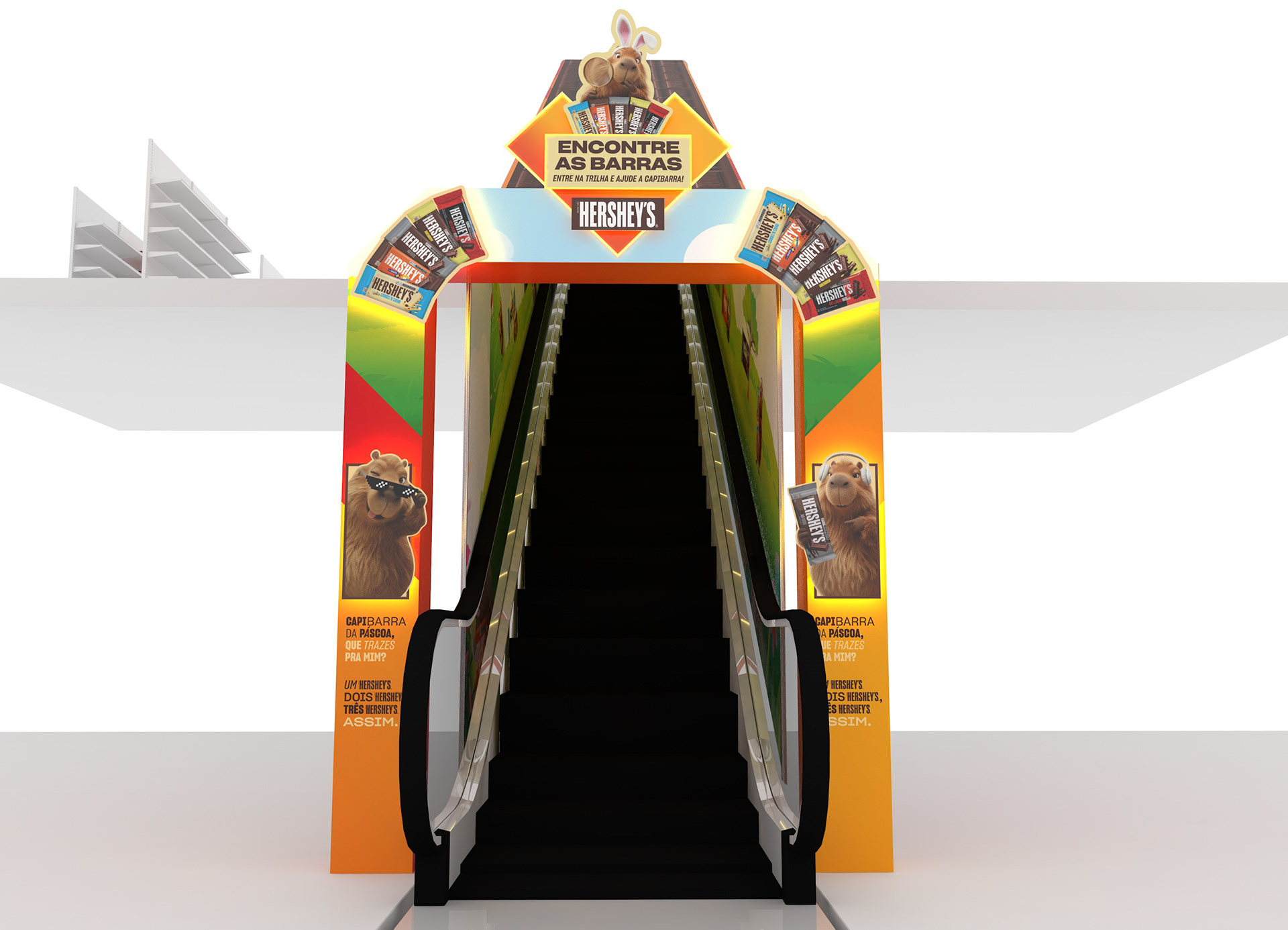 Render 3D da entrada do pórtico da campanha Hershey’s, com chamada para encontrar as barras, presença da Capibarra e produtos aplicados na comunicação visual.