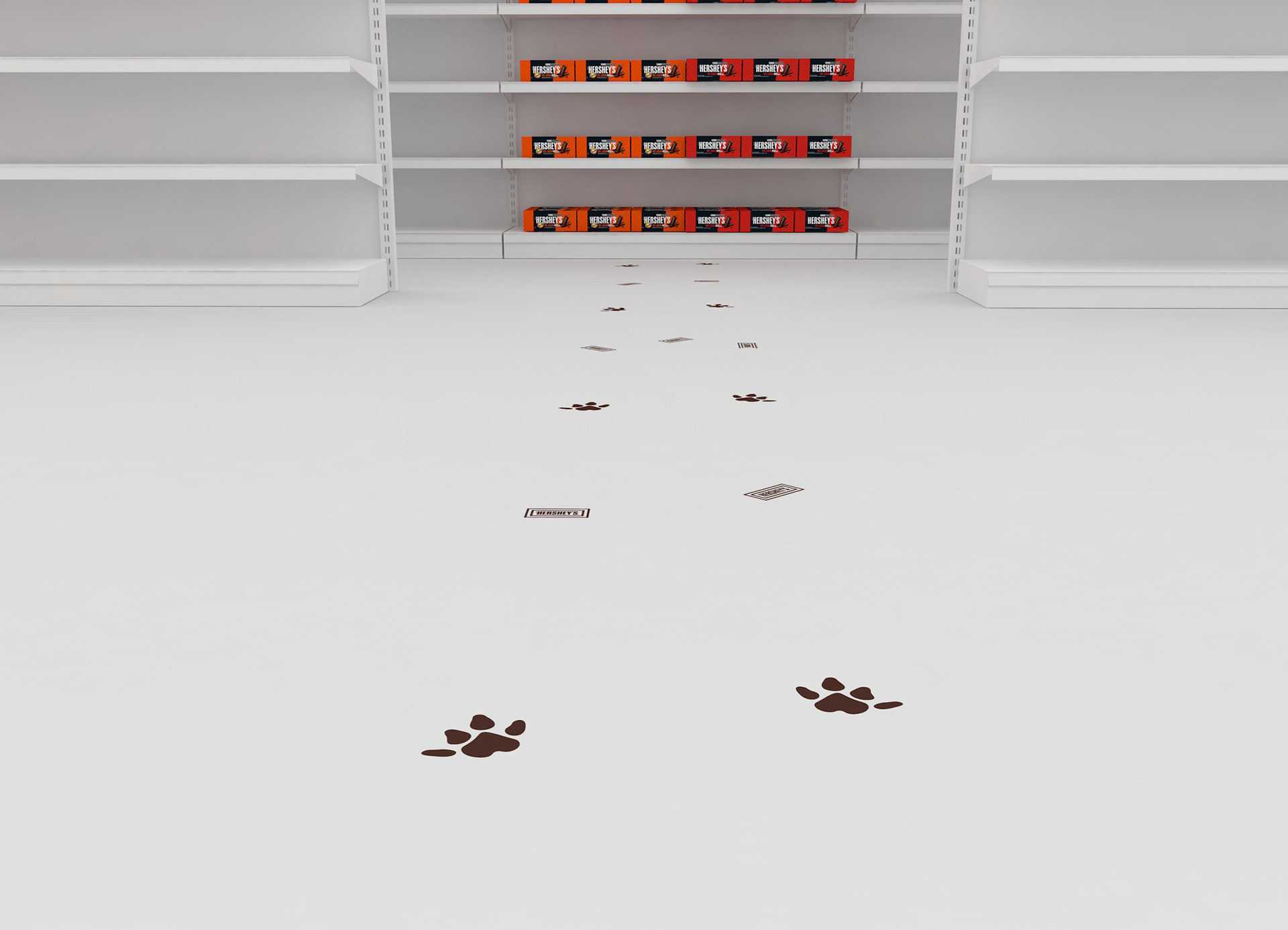 Render 3D da trilha visual no piso, com pegadas da Capibarra e adesivos Hershey’s conduzindo o público até a gôndola de produtos da campanha.