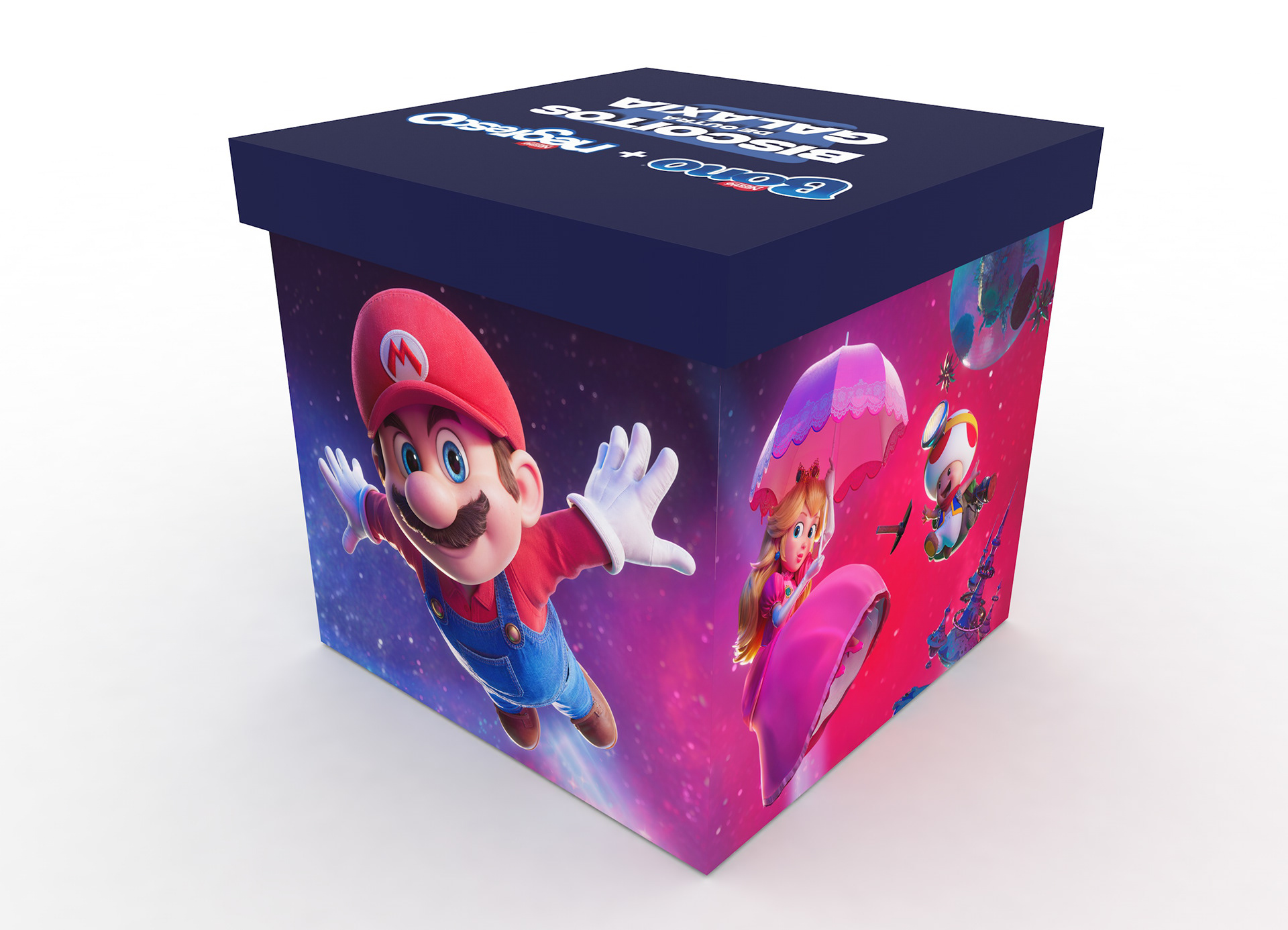 Render 3D da caixa fechada do press kit, destacando personagens do universo Super Mario Galaxy, fundo colorido espacial e tampa com os logos Bono e Negresco.