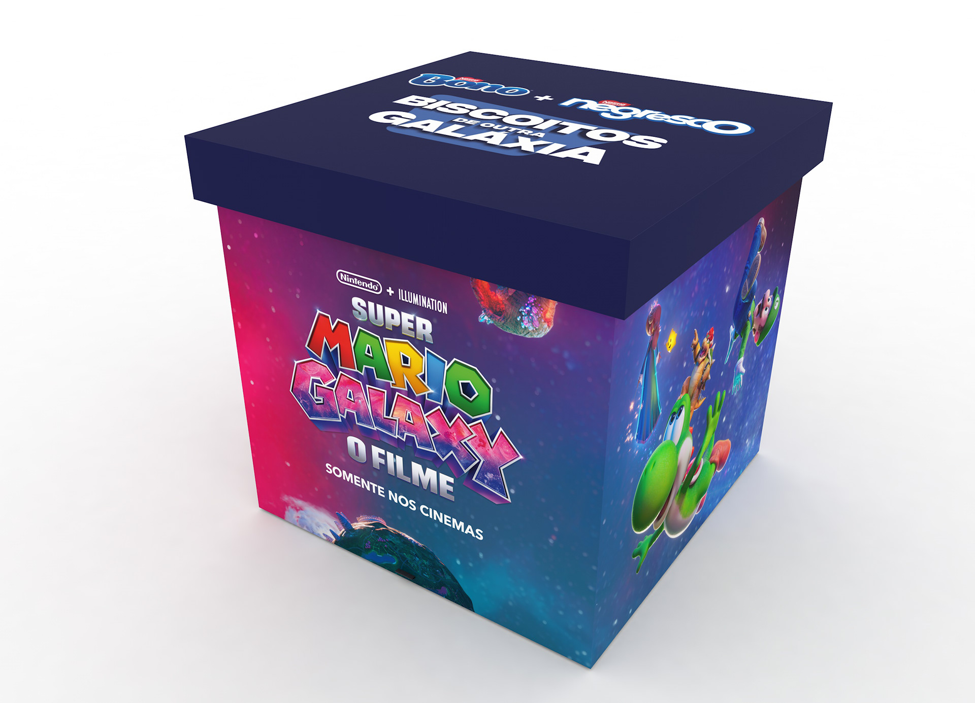 Render 3D do press kit fechado da parceria entre Super Mario Galaxy, Bono e Negresco, com caixa quadrada azul e arte espacial aplicada nas laterais.