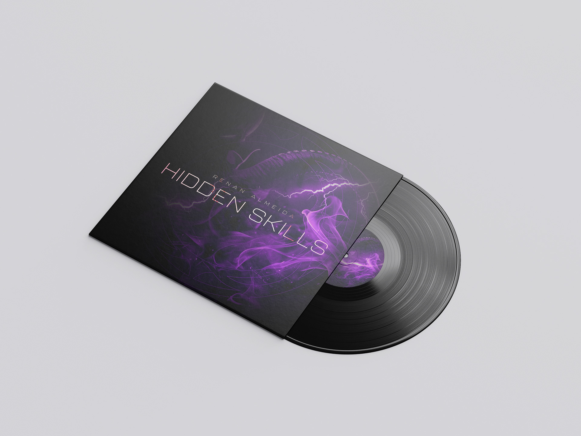 Mockup da capa do single Hidden Skills, de Renan Almeida, aplicada em um disco de vinil com estética escura, abstrata e elementos em roxo.e roxo.