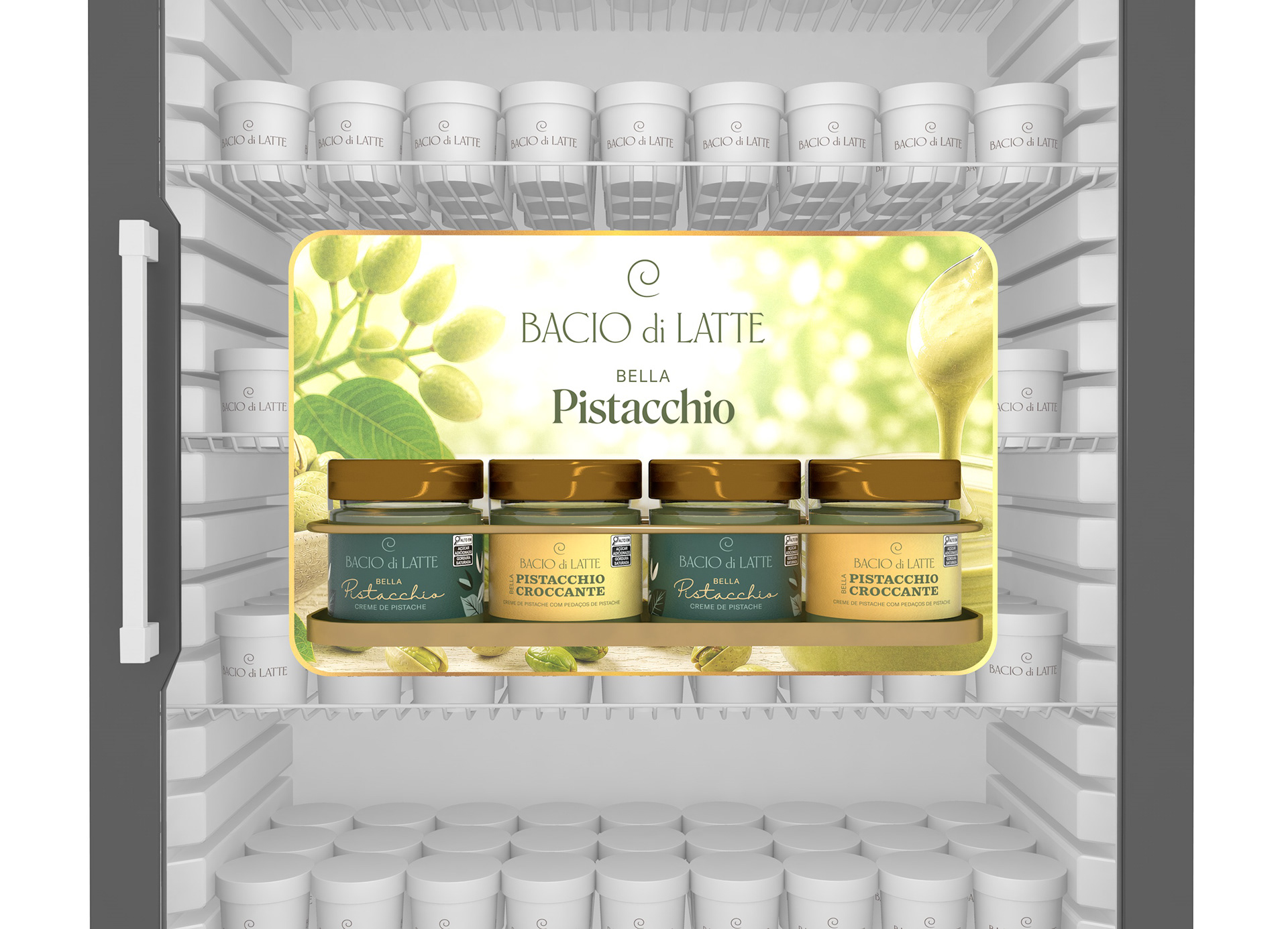 Render 3D do display carona Bacio di Latte aplicado em uma geladeira de varejo, destacando os potes de creme de pistache Bella Pistacchio sobre uma base dourada com comunicação visual ao fundo.
