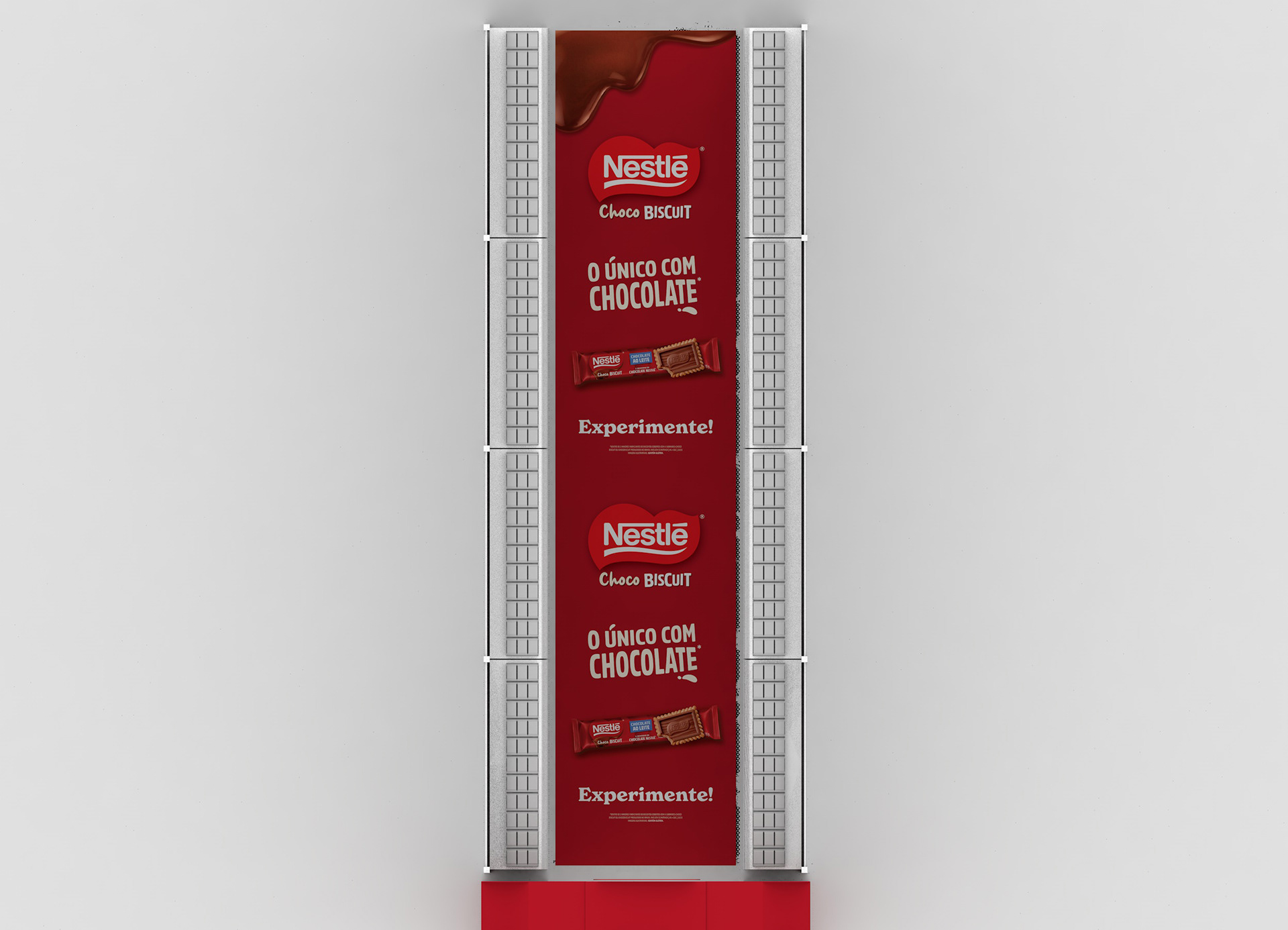 Render em vista superior do adesivo de piso desenvolvido para a campanha Nestlé Choco Biscuit. A peça utiliza identidade visual vermelha, logos da marca, slogan “O Único com Chocolate”, imagem do produto e CTA “Experimente!”, aplicados ao longo do corredor.