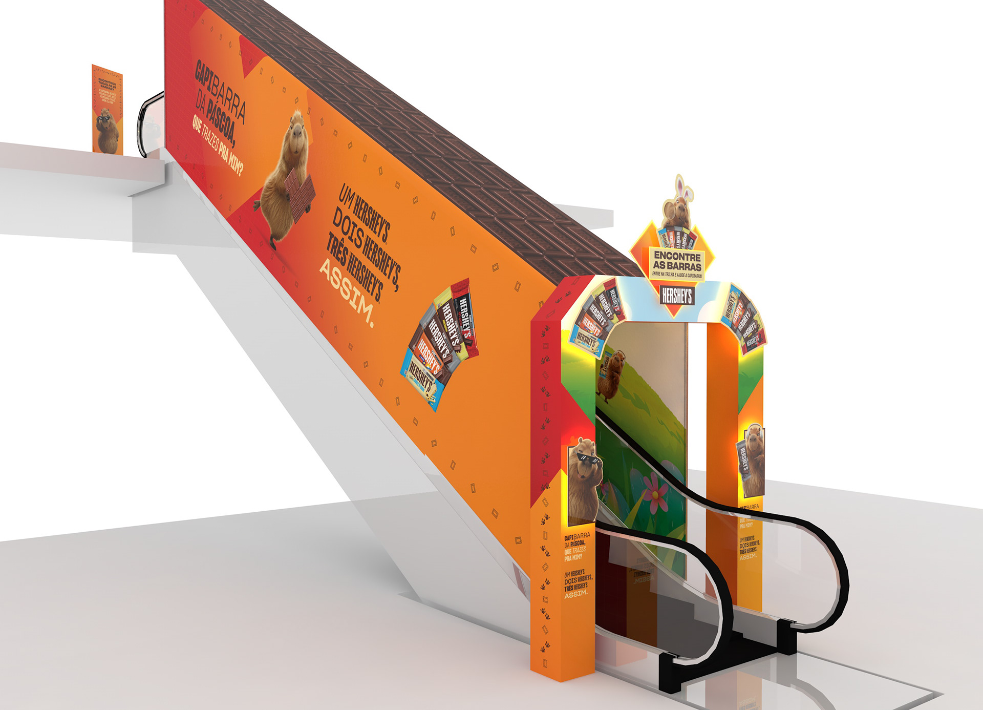 Render 3D da ambientação vista pela lateral, destacando o túnel com textura de barra de chocolate no topo, cores quentes da campanha e elementos gráficos com a Capibarra.