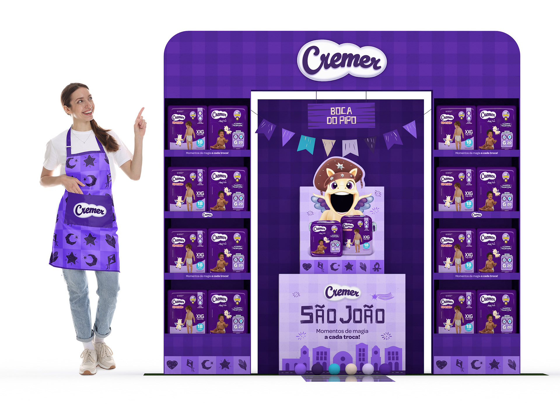 Render 3D da ativação Boca do Pipo da Cremer com promotora uniformizada para referência de escala. O projeto combina experiência interativa, exposição de produtos e identidade visual inspirada nas festas de São João.