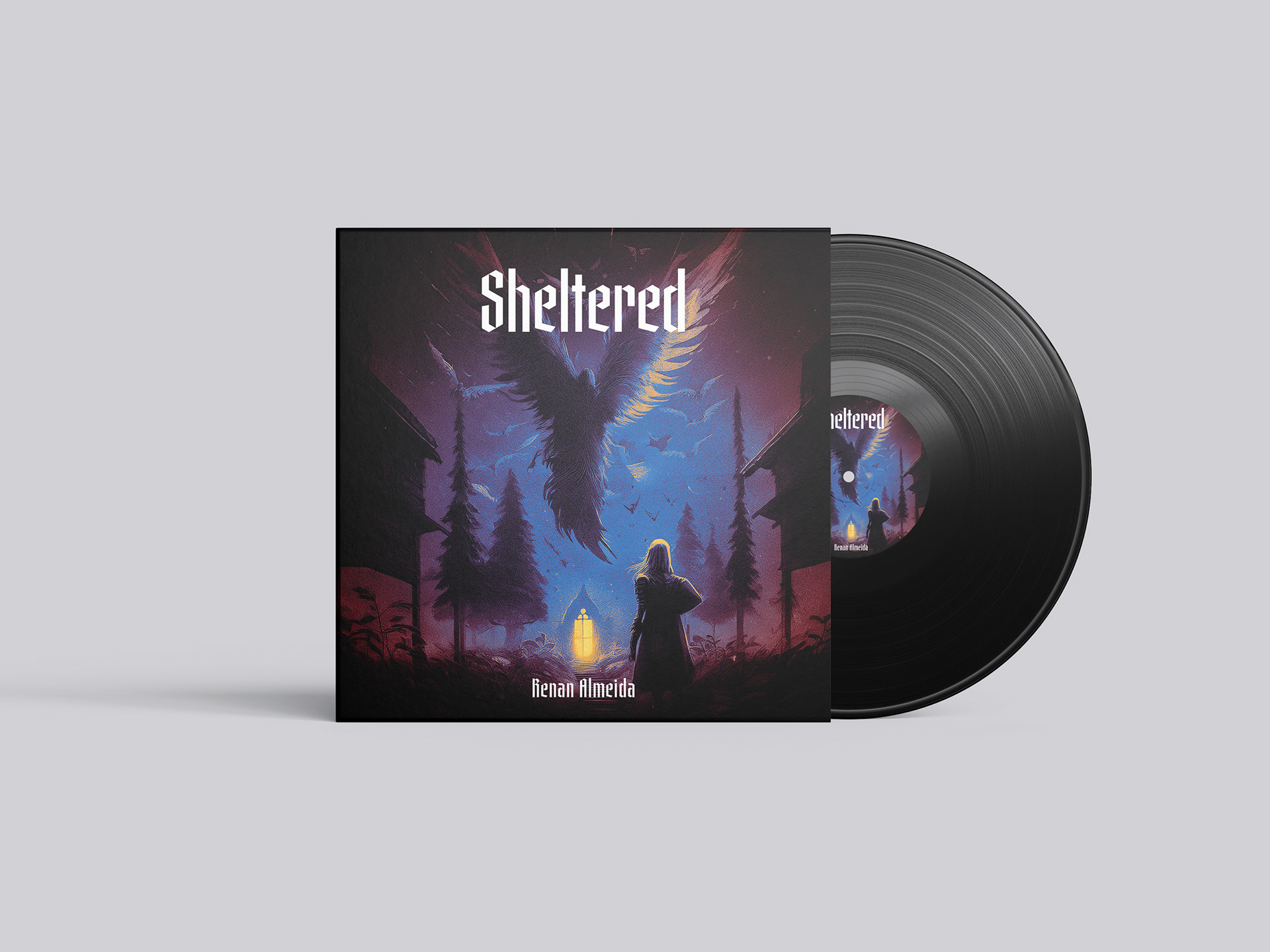 Image may contain: Capa do single Sheltered de Renan Almeida. Mockup de vinil.