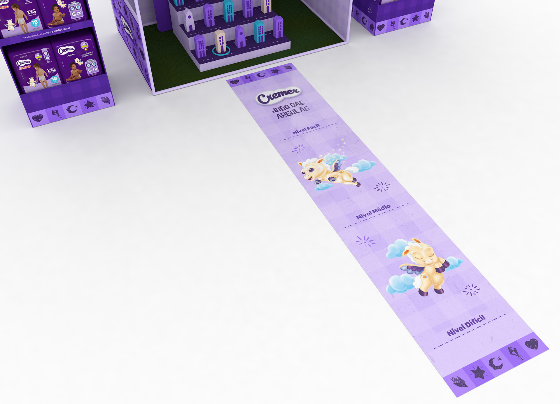 Render detalhado do adesivo de chão da ativação Jogo das Argolas da Cremer, com marcações de níveis de dificuldade e ilustrações do mascote da marca para orientar a participação dos consumidores na brincadeira.