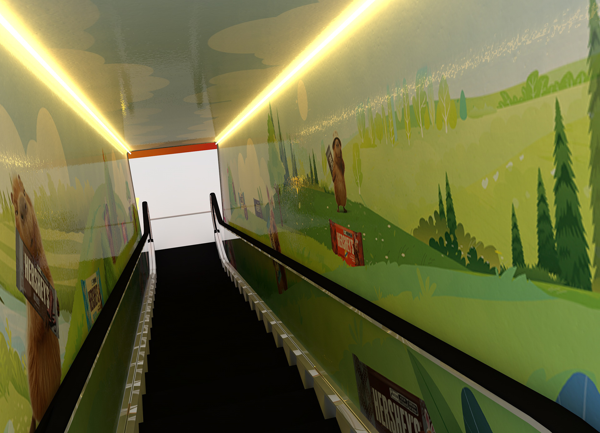 Render 3D aproximado do túnel de Páscoa da Hershey’s, destacando a ambientação interna, os elementos gráficos nas paredes e a iluminação que guia o percurso.