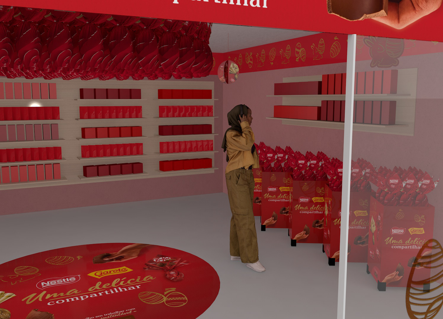 Render 3D aproximado da área interna da lojinha, mostrando displays e caixas de produtos Nestlé e Garoto, ambientação em vermelho e detalhes gráficos de Páscoa.