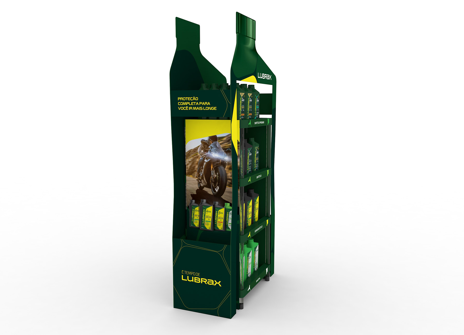Render 3D do display de chão Lubrax em formato de garrafa, com produtos organizados nas prateleiras, moldura externa com faca especial e comunicação visual em verde e amarelo.