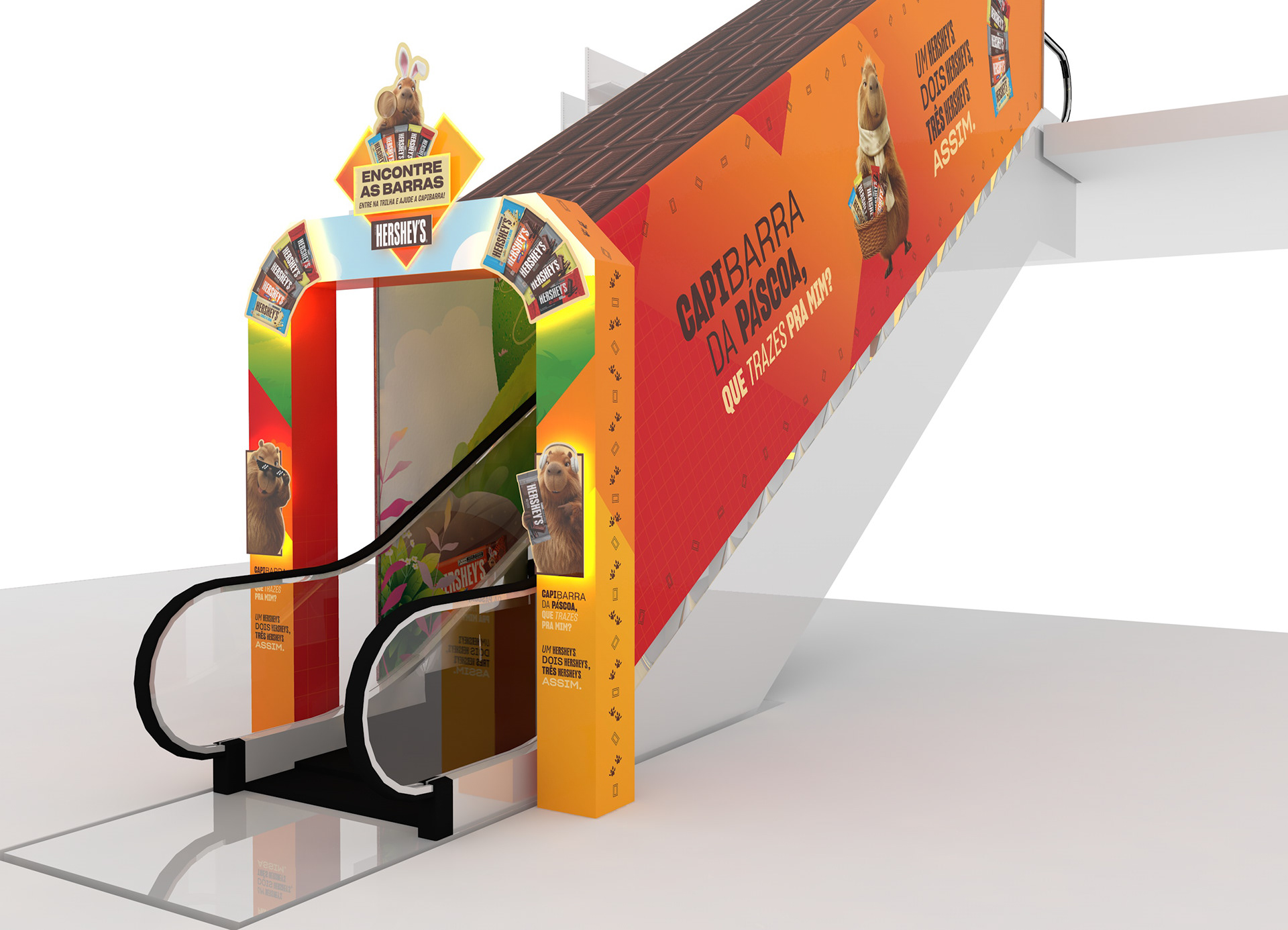 Render 3D da ambientação de Páscoa da Hershey’s, mostrando o pórtico de entrada, o túnel sobre a escada rolante e a comunicação visual inspirada na caça às barras de chocolate.