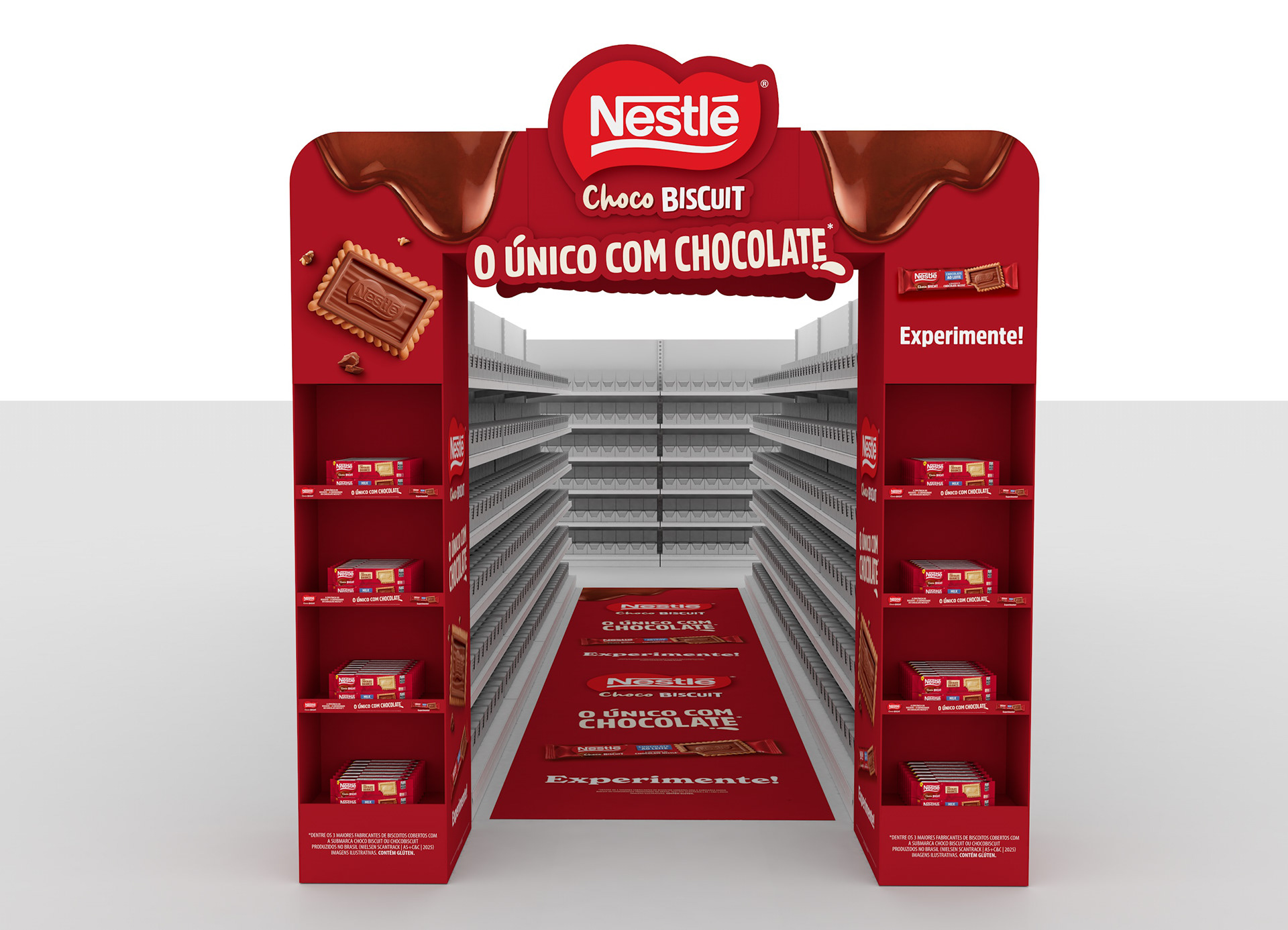 Ambientação de corredor de supermercado para Nestlé Choco Biscuit com pórtico promocional vermelho na entrada da seção. A estrutura possui exposição lateral de produtos, logo Nestlé Choco Biscuit em destaque no topo, comunicação “O Único com Chocolate” e elementos gráficos inspirados em chocolate derretido.