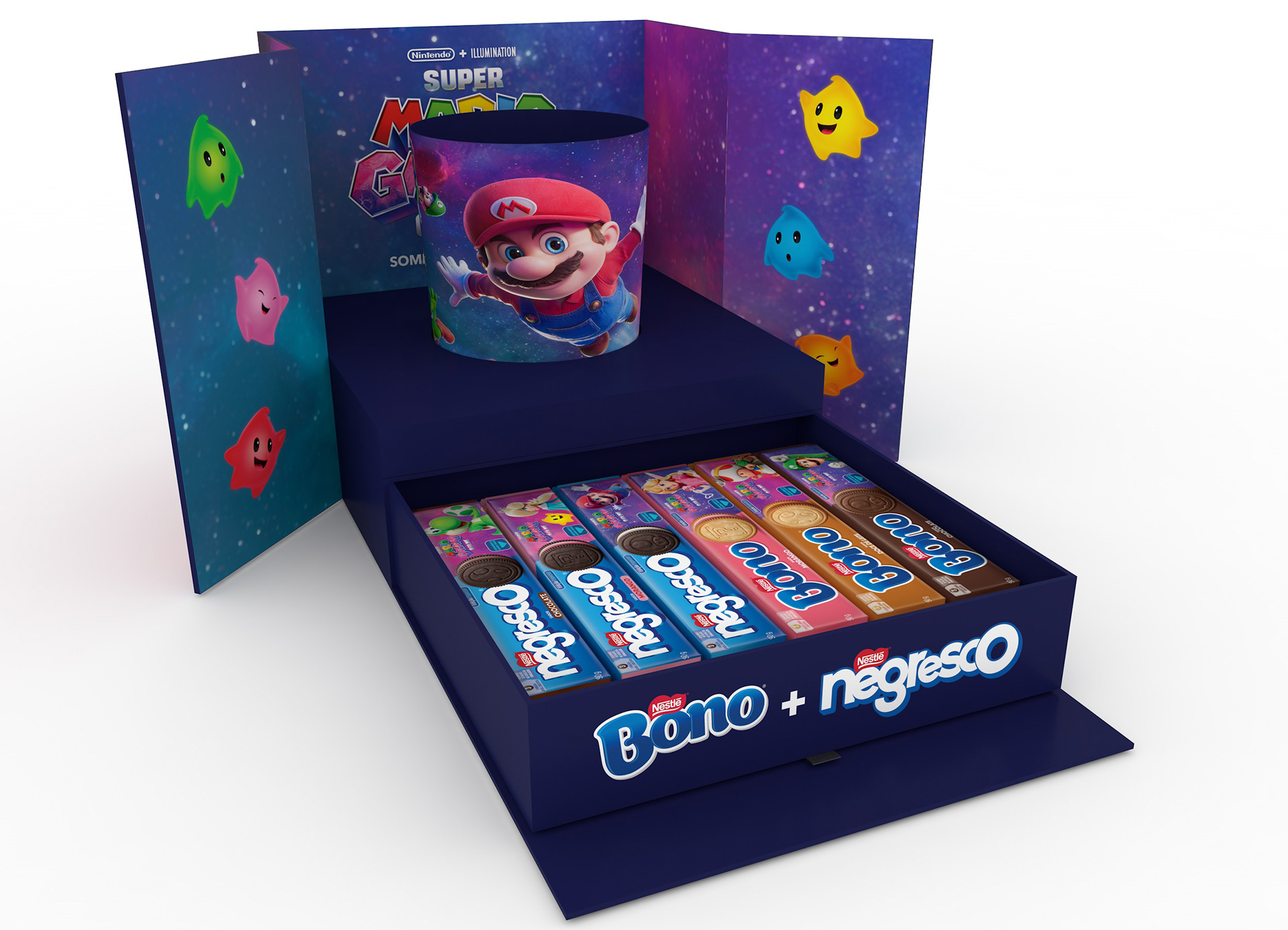 Render 3D do press kit aberto com os produtos posicionados, incluindo balde de pipoca temático de Mario e gaveta com biscoitos Bono e Negresco organizados no berço.