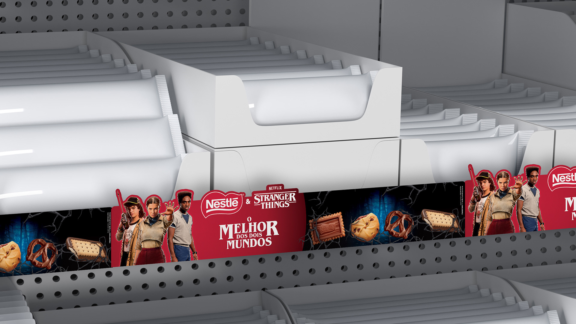 Cantoneira Nestlé Stranger Things biscoitos, vermelho e azul.