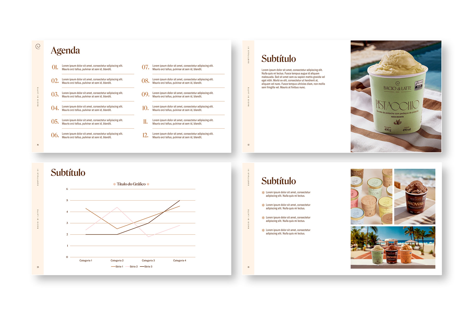 Coleção de capas do template de PowerPoint da Bacio di Latte com variações de cores inspiradas nos sabores da marca. Cada slide utiliza ilustrações minimalistas e uma identidade visual limpa para organizar diferentes seções da apresentação.