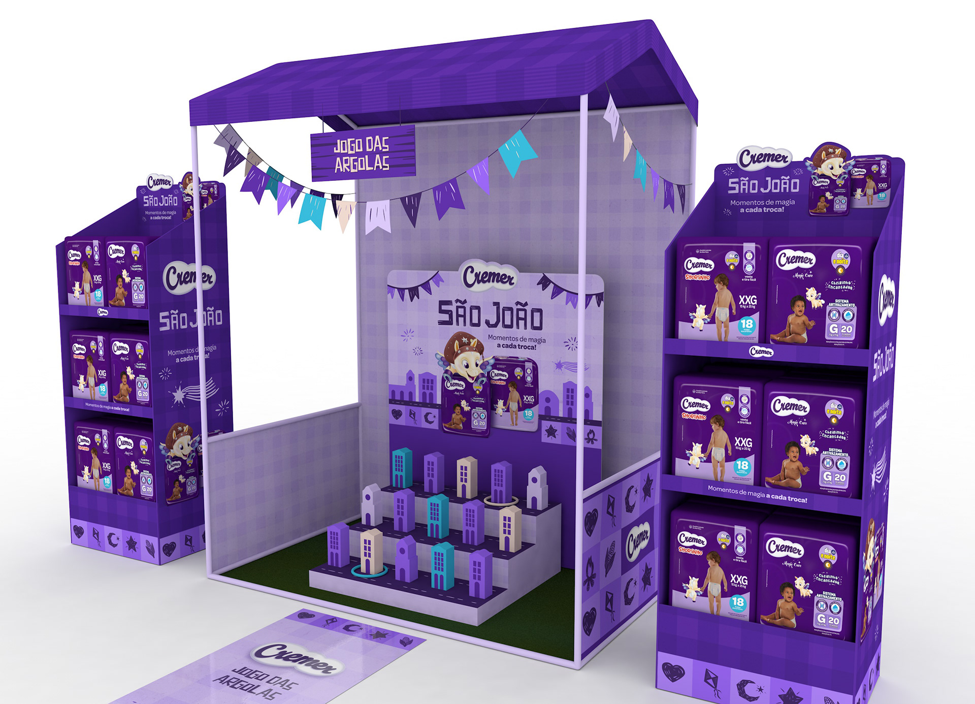 Vista ampla da ativação Jogo das Argolas desenvolvida para a Cremer. O espaço reúne displays laterais de fraldas, estrutura cenográfica temática de São João e área central interativa criada para engajar o shopper no ponto de venda.