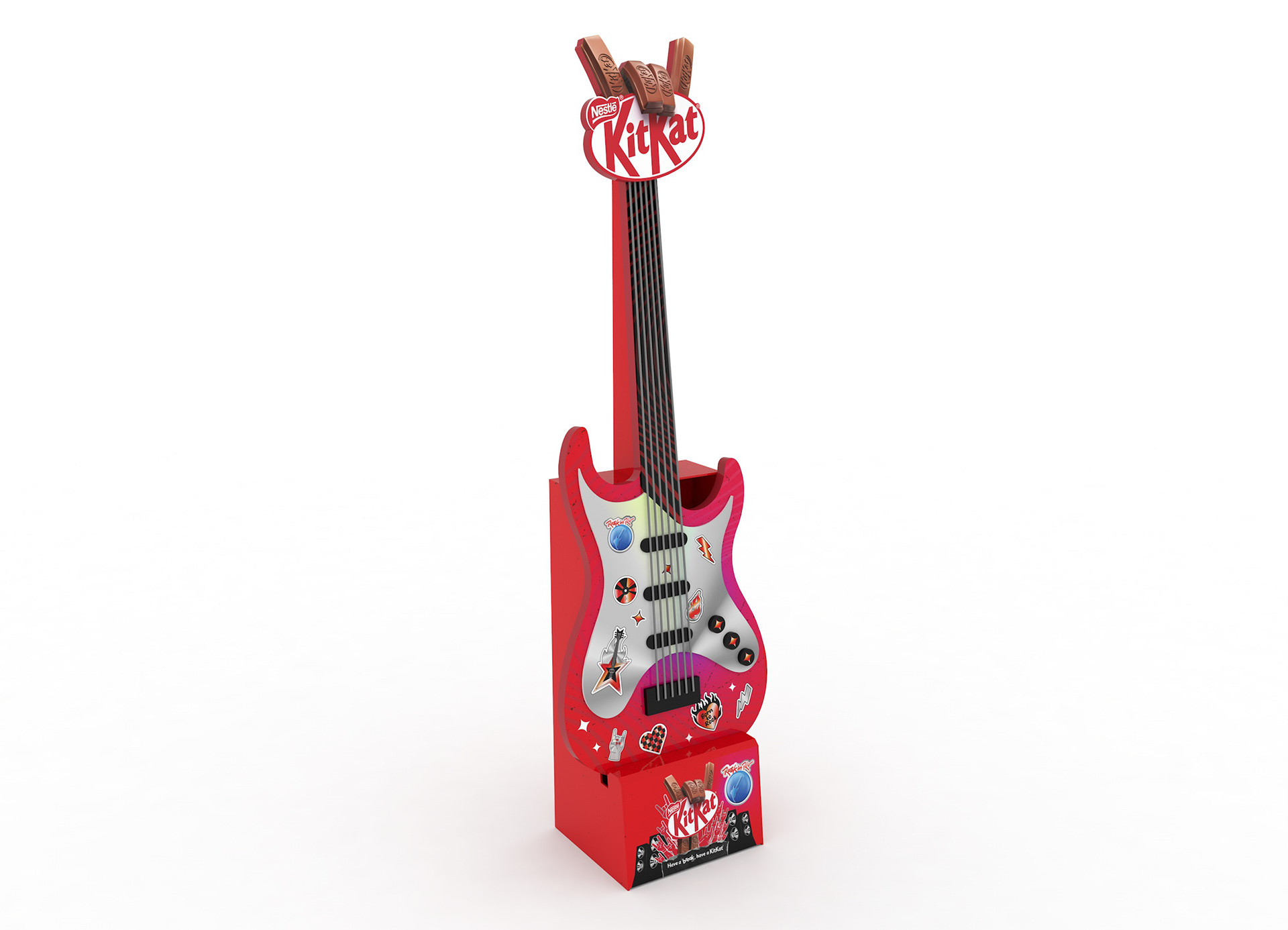Render 3D da gigantografia em formato de guitarra para a campanha KitKat + Rock in Rio, com suporte vermelho, elementos gráficos musicais e aplicação do KV da parceria.
