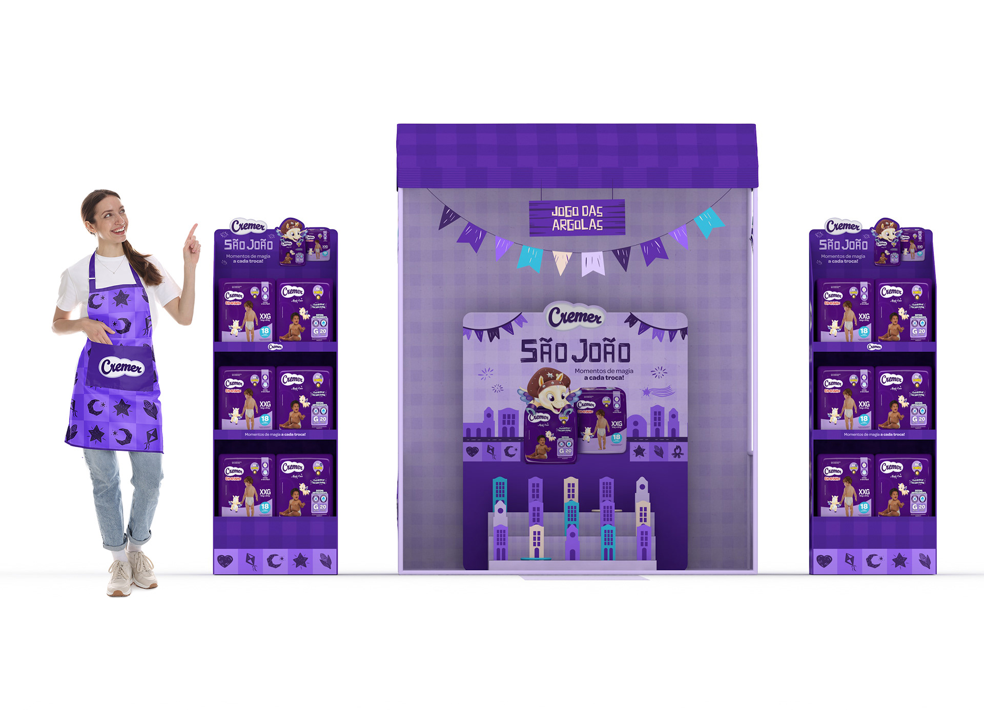 Render frontal da ativação Jogo das Argolas para Cremer com promotora uniformizada para referência de escala. O projeto integra displays de produto, cenário temático junino e experiência interativa desenvolvida integralmente em modelagem e renderização 3D.