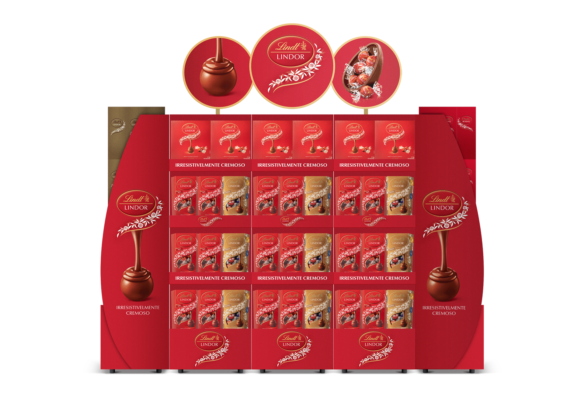Image may contain: Conjunto de três display ovos de páscoa Lindt junto com testeira.
