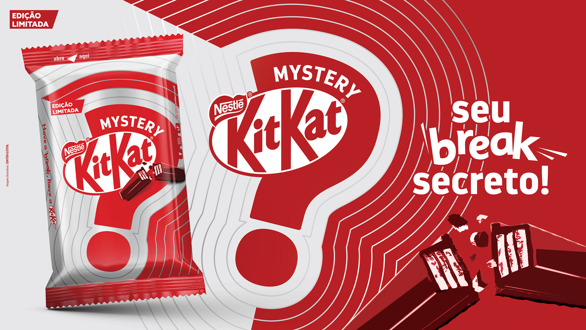 Key Visual do lançamento do KitKat Mystery, utilizando elementos da embalagem para criar uma composição que reforça o conceito de mistério e o slogan "Seu break secreto".