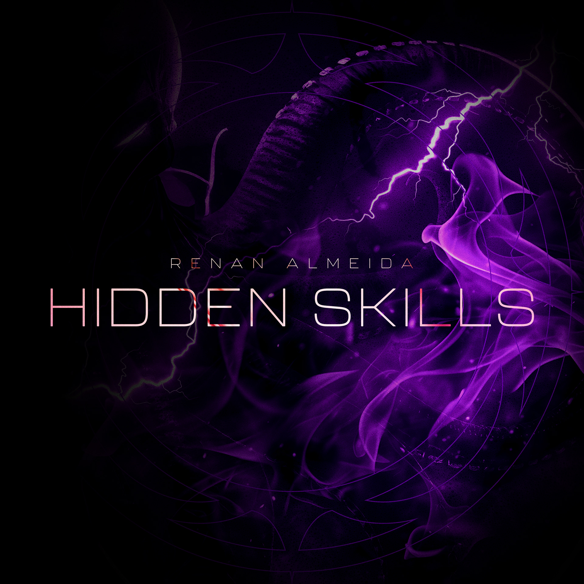 Capa final do single Hidden Skills, de Renan Almeida, com um polvo oculto nas sombras, raios abstratos e atmosfera agressiva em tons de preto e roxo.