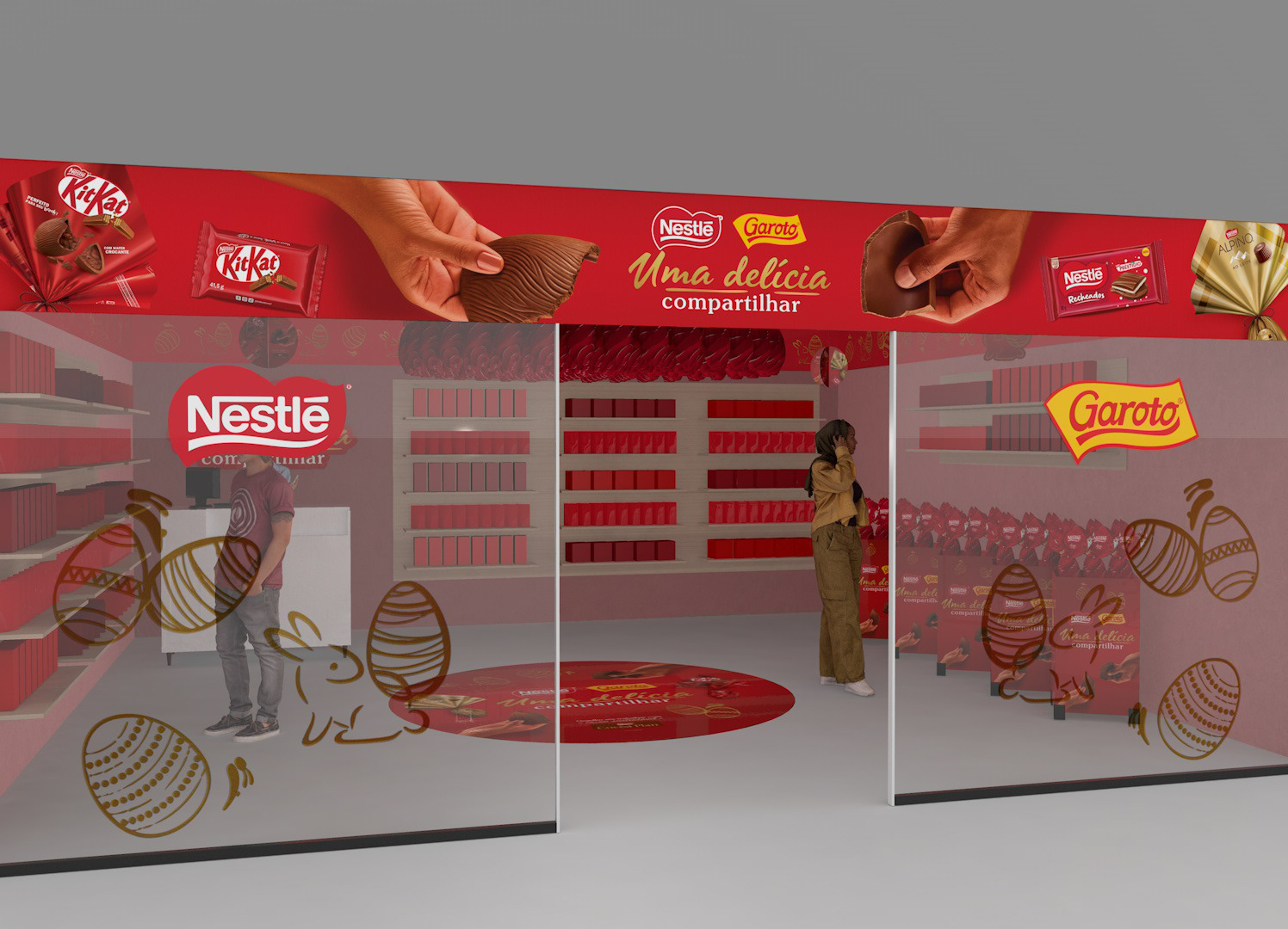 Render 3D em perspectiva da lojinha de Páscoa Nestlé, destacando a faixa superior com produtos, logos Nestlé e Garoto, além dos elementos gráficos de Páscoa aplicados na vitrine.