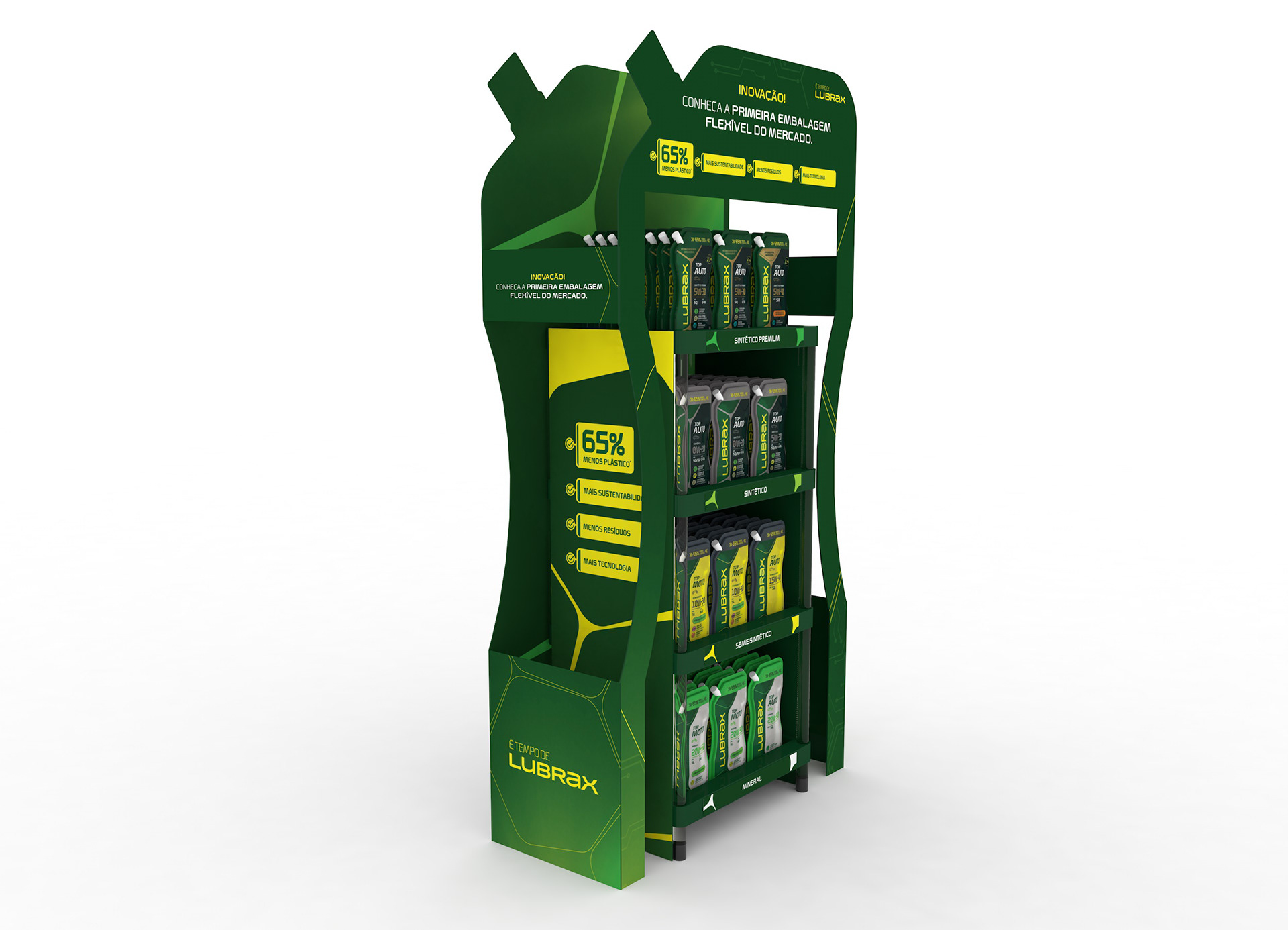 Render 3D do display de chão Lubrax em formato de pouch, com produtos expostos nas prateleiras e comunicação visual focada na nova embalagem flexível da marca.