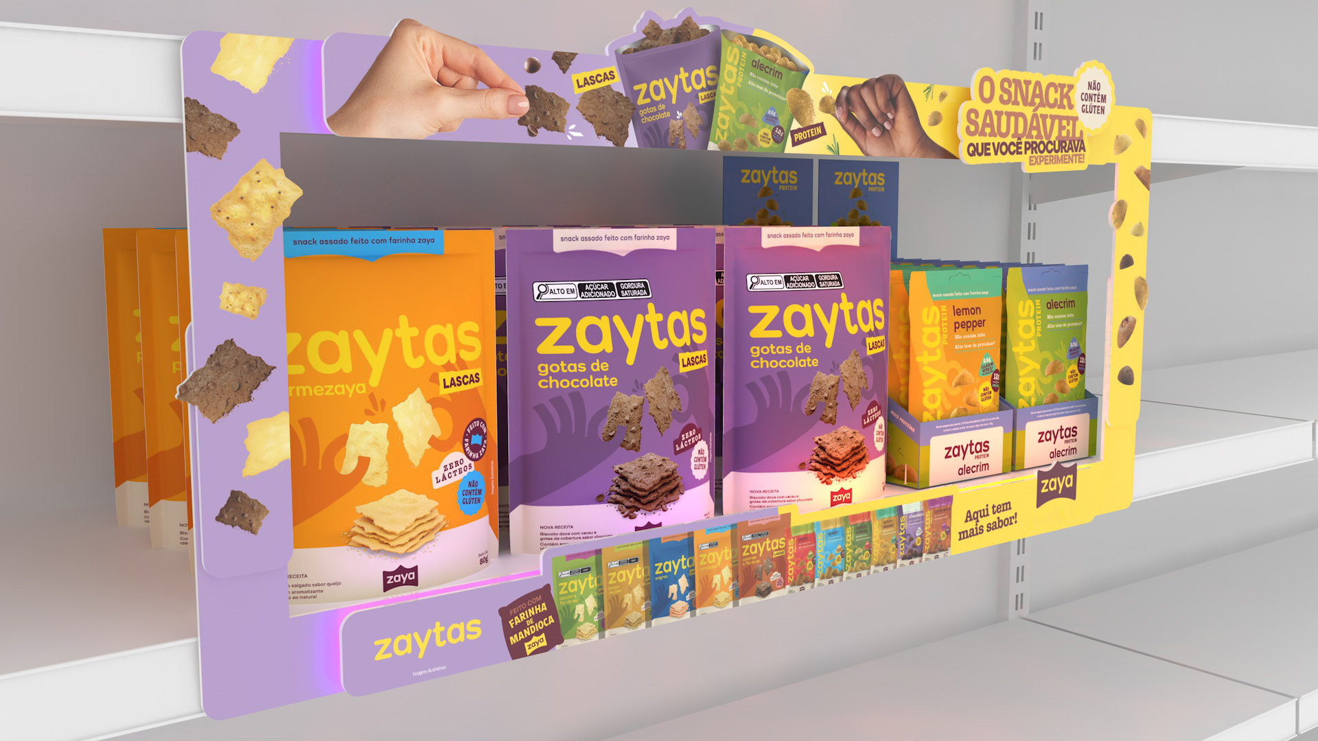 Render 3D da janela de gôndola regulável da Zaya aplicada no ponto de venda, com produtos expostos, cores vibrantes e comunicação visual voltada para snacks saudáveis.