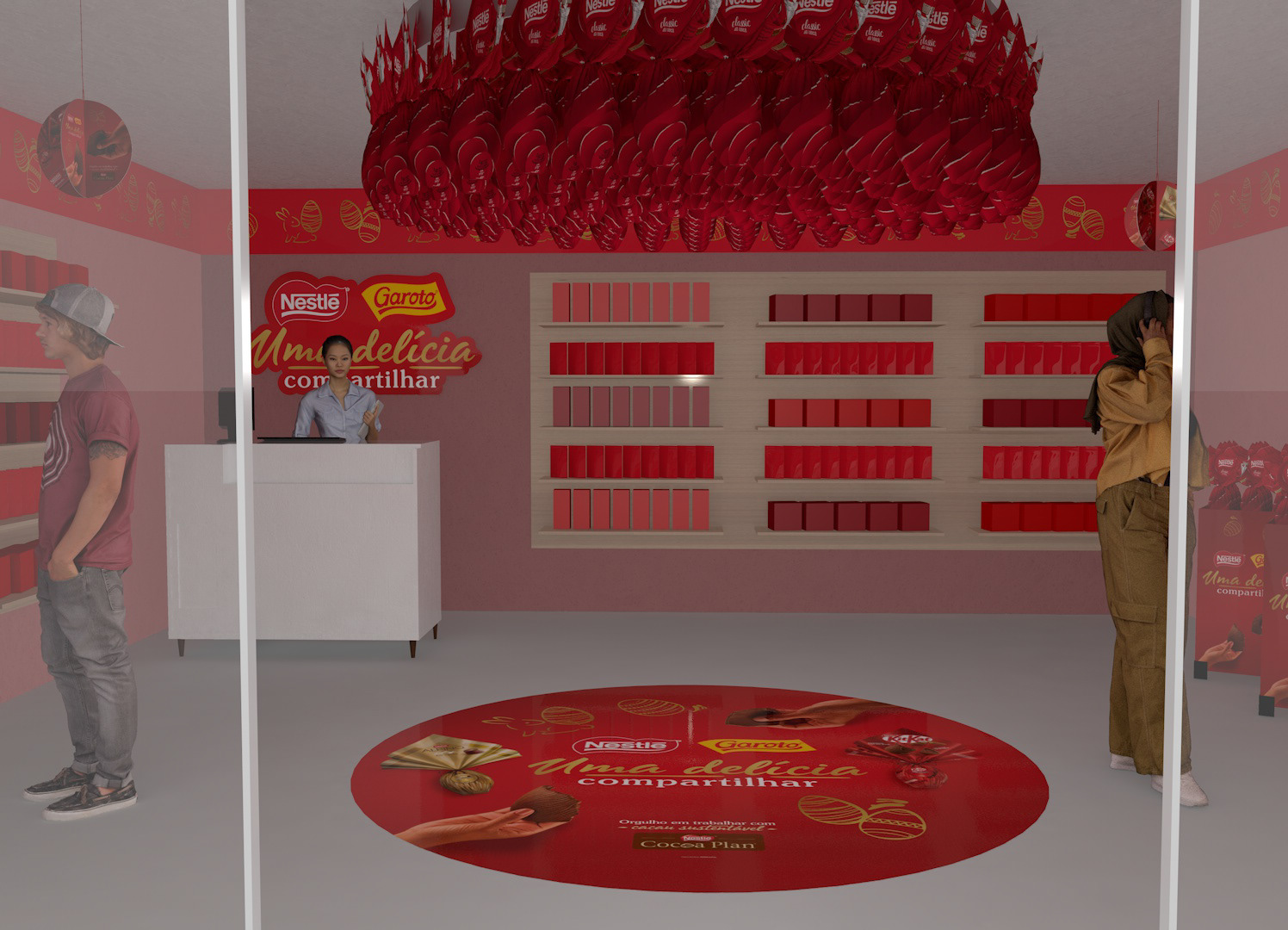 Render 3D do interior da ambientação, com prateleiras de produtos, comunicação visual da campanha, adesivo de piso e elementos suspensos decorativos em tons de vermelho.